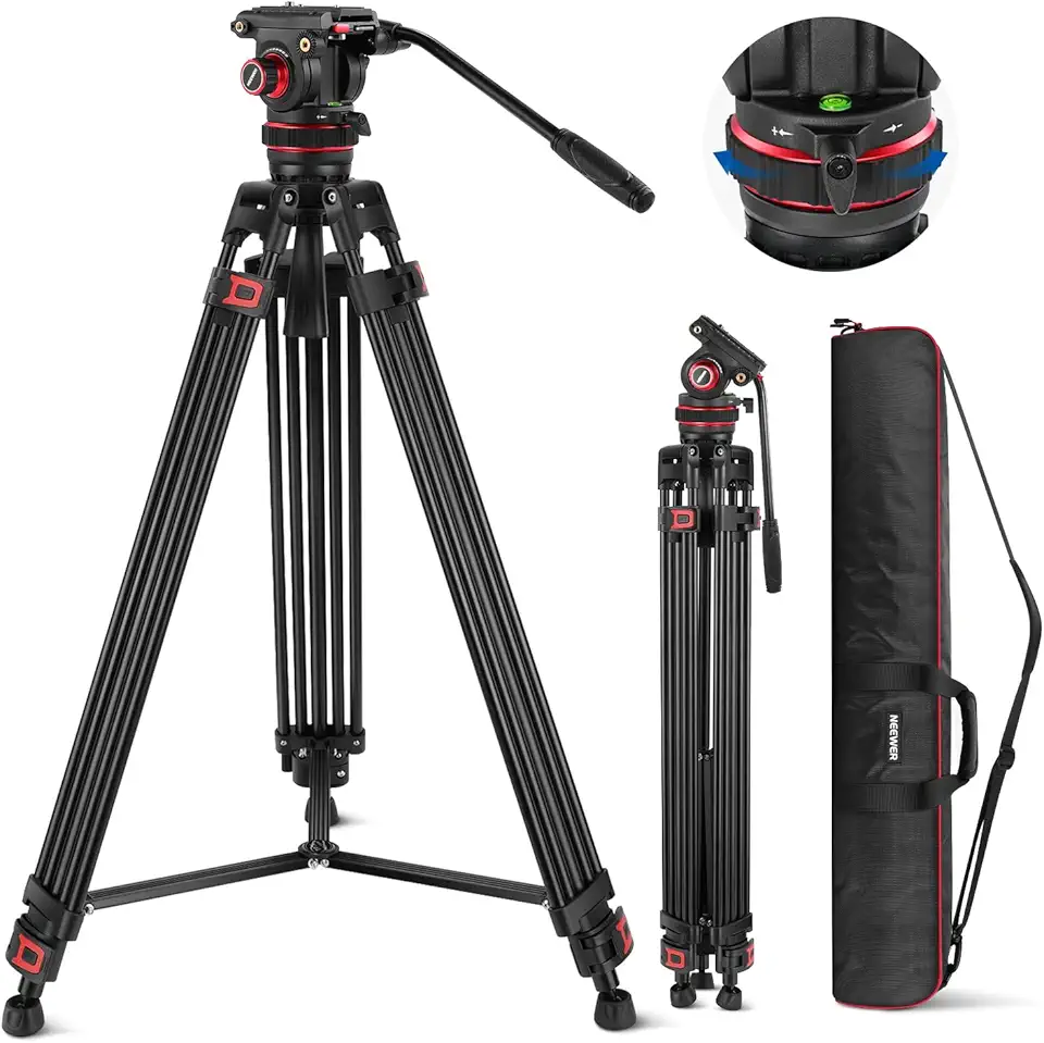 NEEWER Tripé de vídeo de 188 cm com cabeça de fluido de amortecimento ajustável, placa QR de modo duplo resistente de metal compatível com gimbals DJI RS, panorâmica flexível de 360° e inclinação de