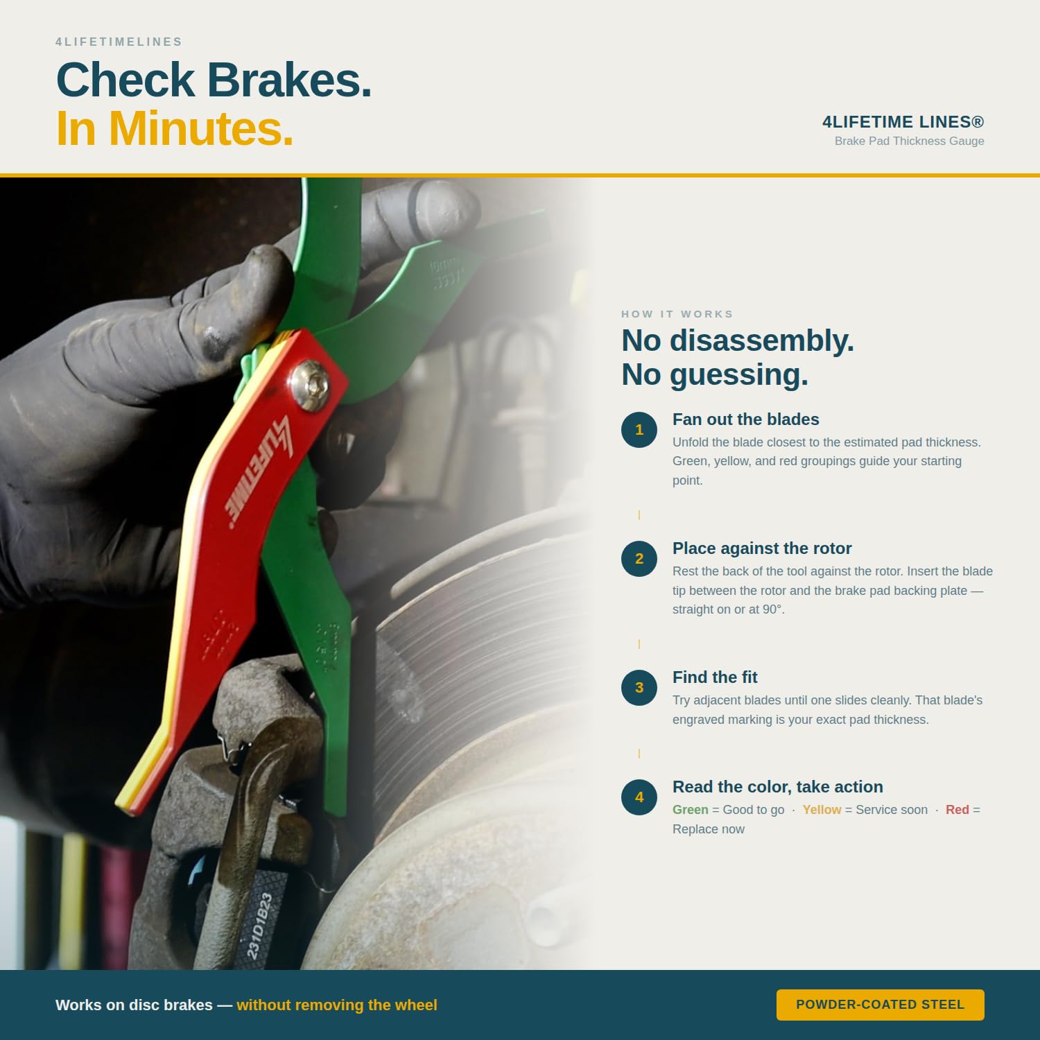 4LIFETIMELINES Brake Pad Thickness Measuring Gauge Tool - Quick Assessment, SAE & Metric, Comprehensive Measurement - Durable, Robust and Space Saving Design