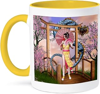 3dRose Coffee Mug, Size - 15oz - A geisha walking through the Japanese garden with a dragon Simone Gatterwe Designs Fantasy - funny coffee cup gift