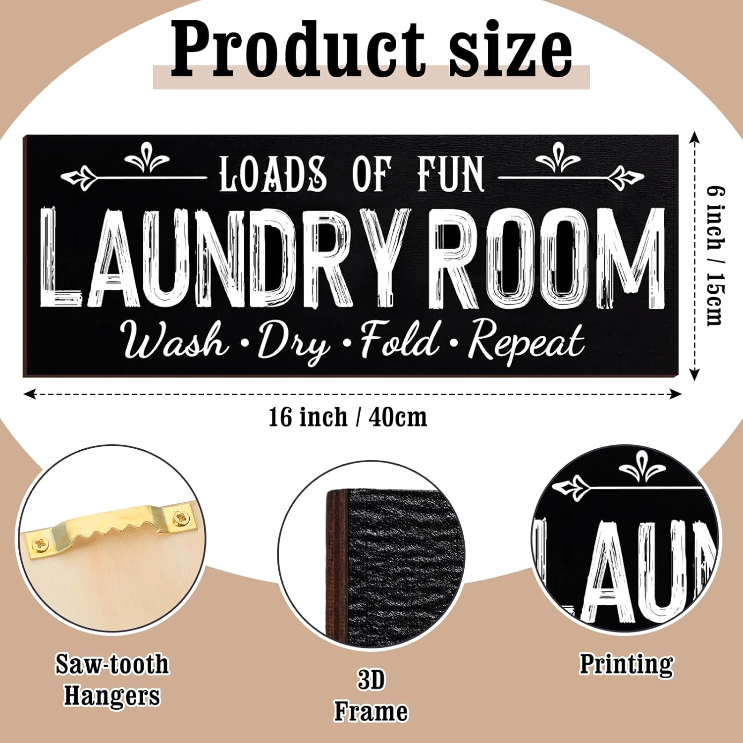 Yerliker Set of 5 Laundry Room Decor for Wall Laundry Room Sign Farmhouse Wooden 7 x 7 Inch Wash Dry Fold Repeat Signs Rustic Wall Art Decor for Bathroom Home(Black, Large)