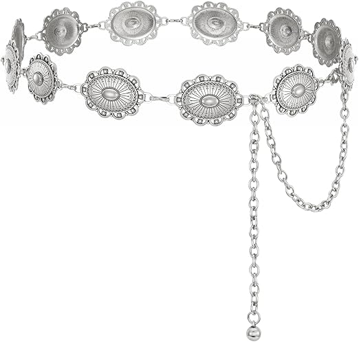 XZQTIVE Women Boho Chain Belts For Dresses Jeans Western Cowgirl Waist Links Belt Adjustable Metal Concho Belt