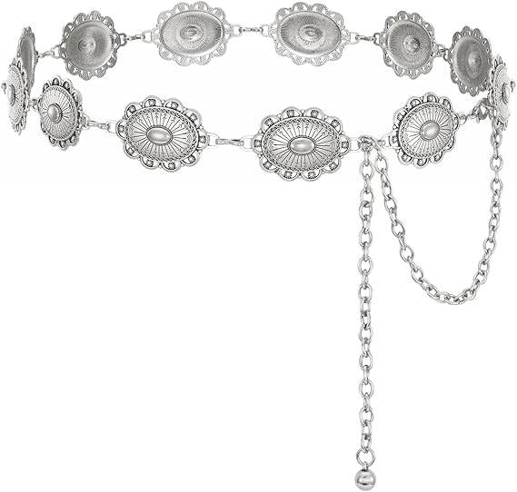 XZQTIVE Women Boho Chain Belts For Dresses Jeans Western Cowgirl Waist Links Belt Adjustable Metal Concho Belt