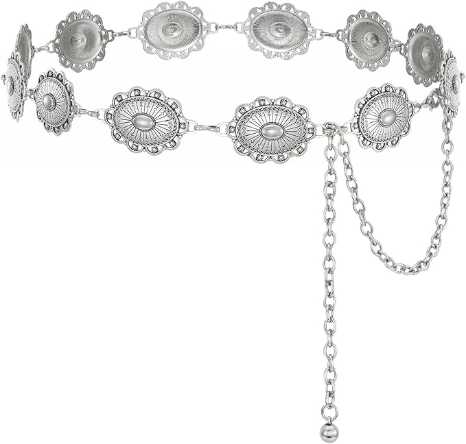 XZQTIVE Women Boho Chain Belts For Dresses Jeans Western Cowgirl Waist Links Belt Adjustable Metal Concho Belt