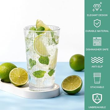 Reusable Plastic Tumblers - Set of 4 Plastic Cups for Kids and Adults - 600ml Clear Drinking Tumblers for Water, Juice - Unbreakable & Durable Plastic Glasses, BPA Free