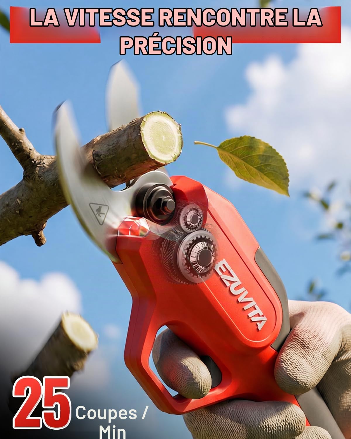 Sécateur Électrique sans Fil 25mm, Sécateur à Batterie avec Lame SK5, Batterie Amovible 2000mAh, Coupe-Branches Électrique avec Sécateur Manuel, pour Jardin, Arbres Fruitiers, Vigne (Rouge)