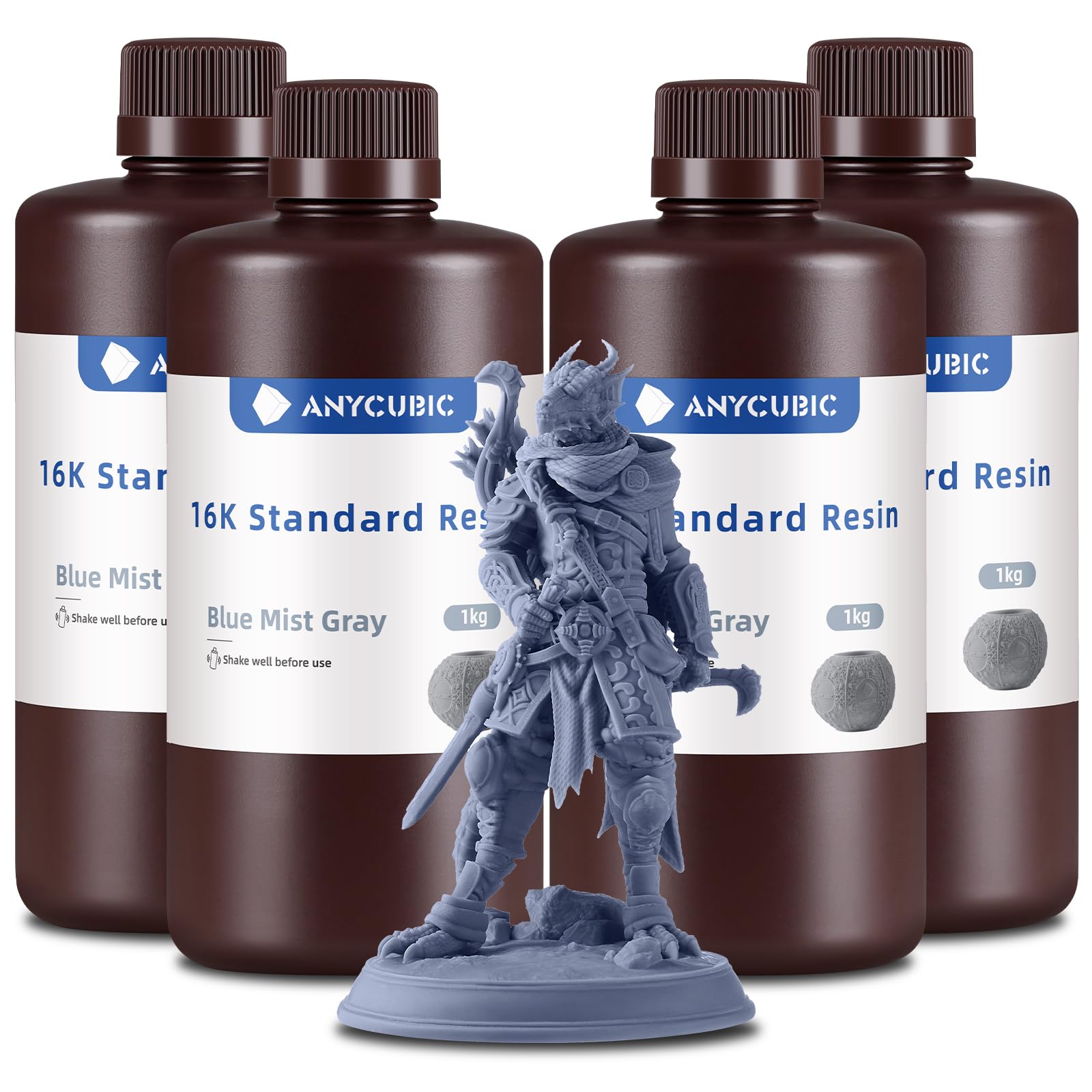 Anycubic 16K Standard 3D Printer Resin, Blue Mist Gray, 1000g, 4PCS | Geringe Schrumpfung, 85D Härte, matte Textur für Miniaturen und mechanische Teile, geruchsarm, 405 nm LCD/DLP-kompatibel