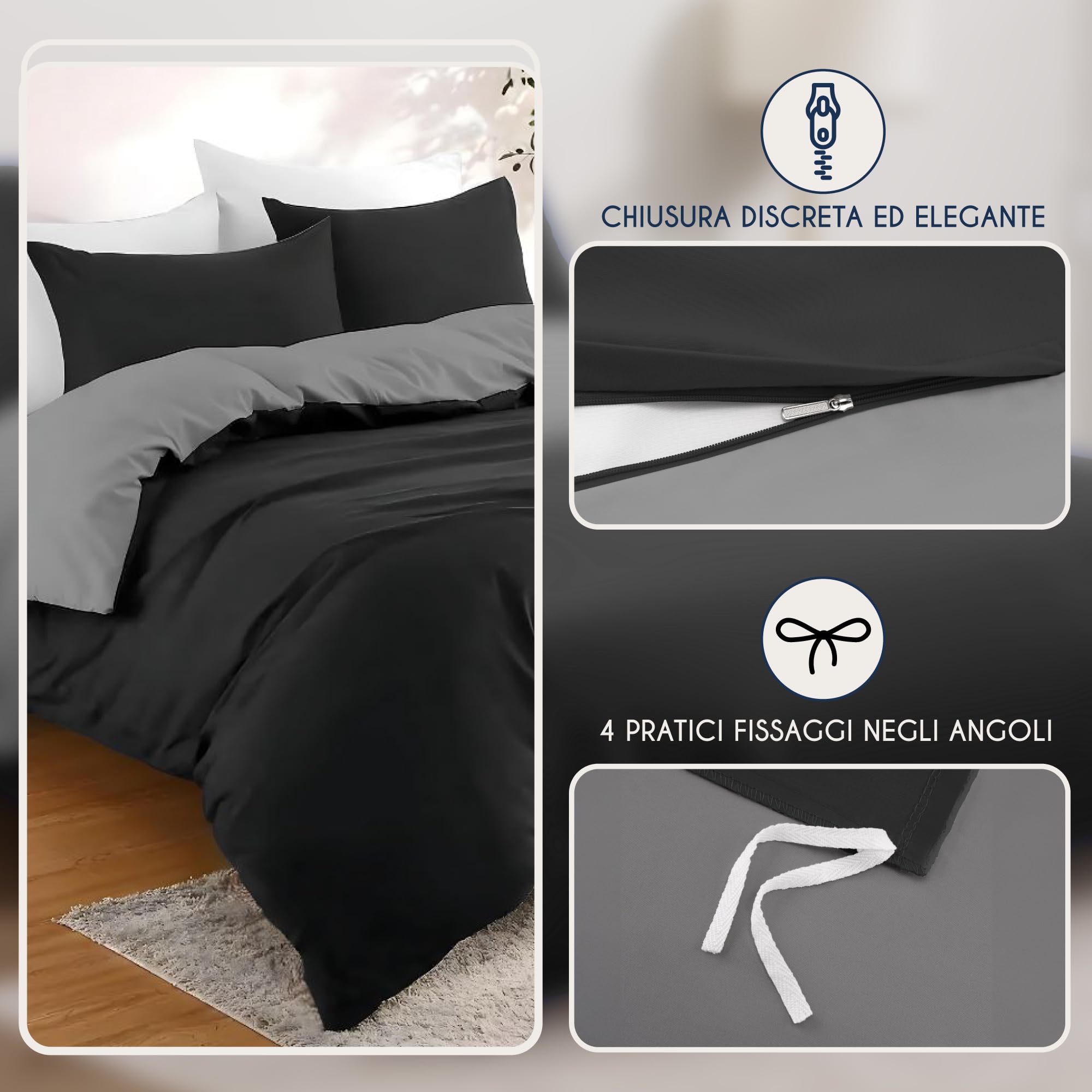 Dreamzie Copripiumino Matrimoniale 200x200 cm con 2 Federe 50x70 cm - Nero/Grigio Scuro Set Copripiumino Matrimoniale 200x200