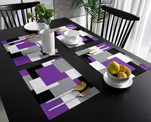 Miniatura 3 de Juego de 6 manteles individuales para mesa de comedor, diseño de retazos de arte abstracto, morado, negro y gris, tapetes antideslizantes lavables,