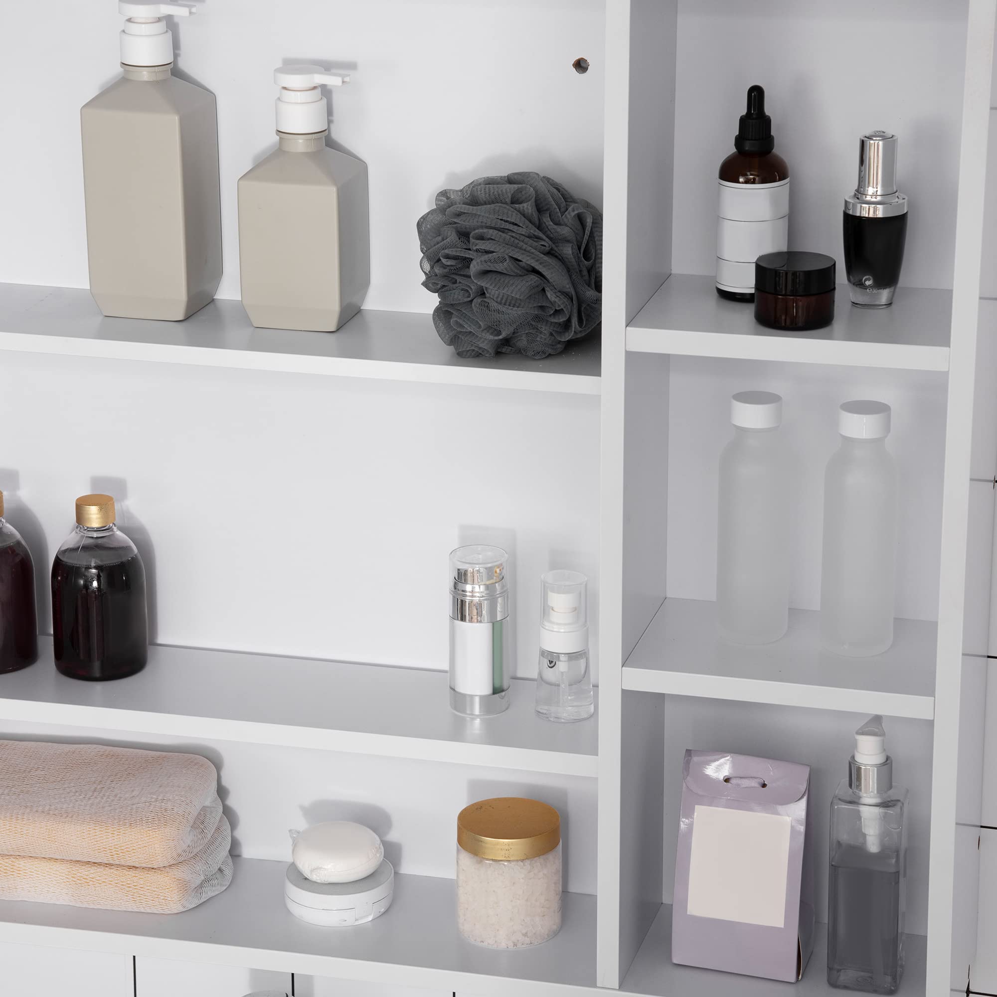 kleankin Armoire Murale Salle de Bain avec Miroir, 100 x 15 x 70 cm, Meuble Salle de Bain, Armoire de Toilette avec 7 étagères Ouvertes et Placard, Porte Ouverture et Fermeture lentes, Blanc