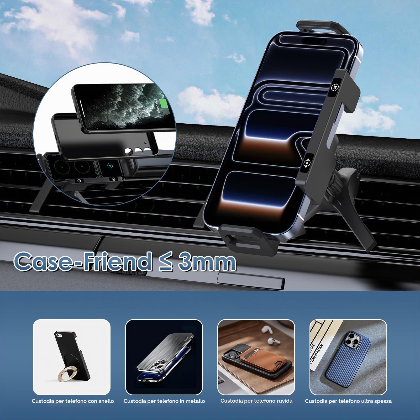 Supporto per cellulare auto per Galaxy Z Fold 7 6 5 4 3 2 con funzione di ricarica 15 W Dual Coils QC 3.0 Fast Wireless Charger Auto per Z Fold può ruotare automaticamente il supporto auto
