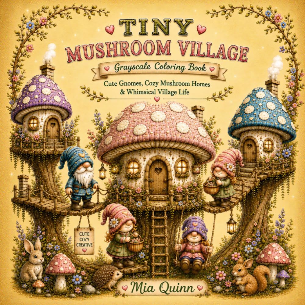 Tiny Mushroom Village Grayscale Coloring Book: Cute Gnomes, Cozy Mushroom Homes & Whimsical Village Life (Cozy Gnome Coloring Collection)