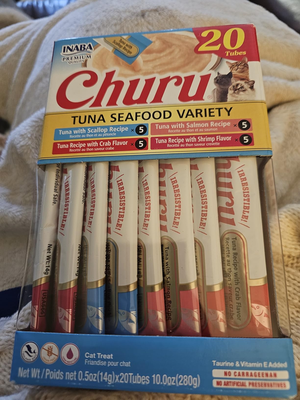 INABA Churu Cat Treats, Grain-Free, Lickable, Squeezable Creamy Purée Cat Treat/Topper with Vitamin E & Taurine, 0.5 Ounces Each Tube, 50 Tubes, Tuna & Chicken Variety photo review