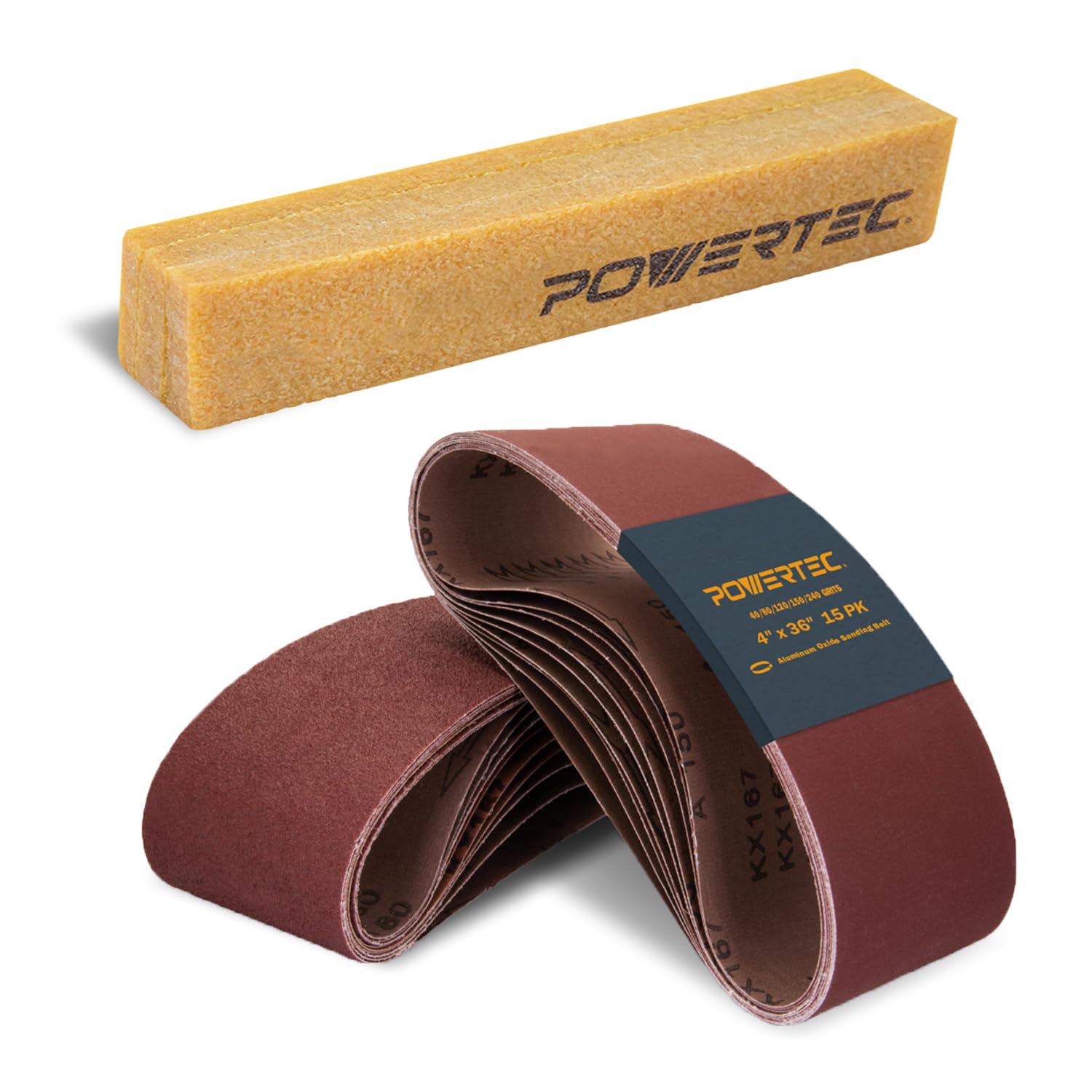 POWERTEC 11011-6 - Juego de bandas de lijado y barras de limpieza abrasivas de 4 x 36 pulgadas | Surtido de bandas de lijado de óxido de aluminio, paquete de 15, 3 de cada uno de 40, 80, 120, 150, 240