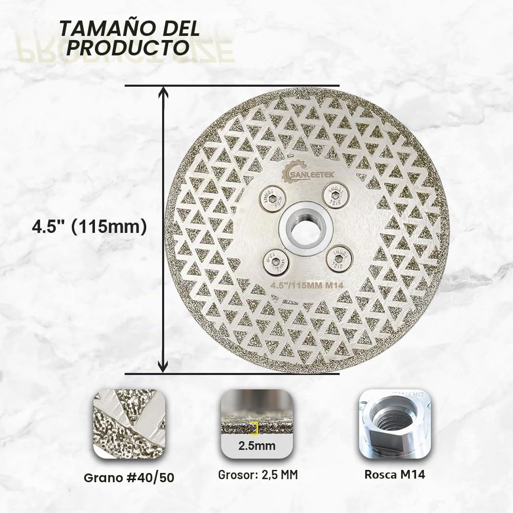 Disco Diamante Corte y Rectificado - 115mm SANLEETEK Doble Cara Electrochapado para Granito Mármol Cerámica Gres Porcelánico Cuarzo M14 Rosca
