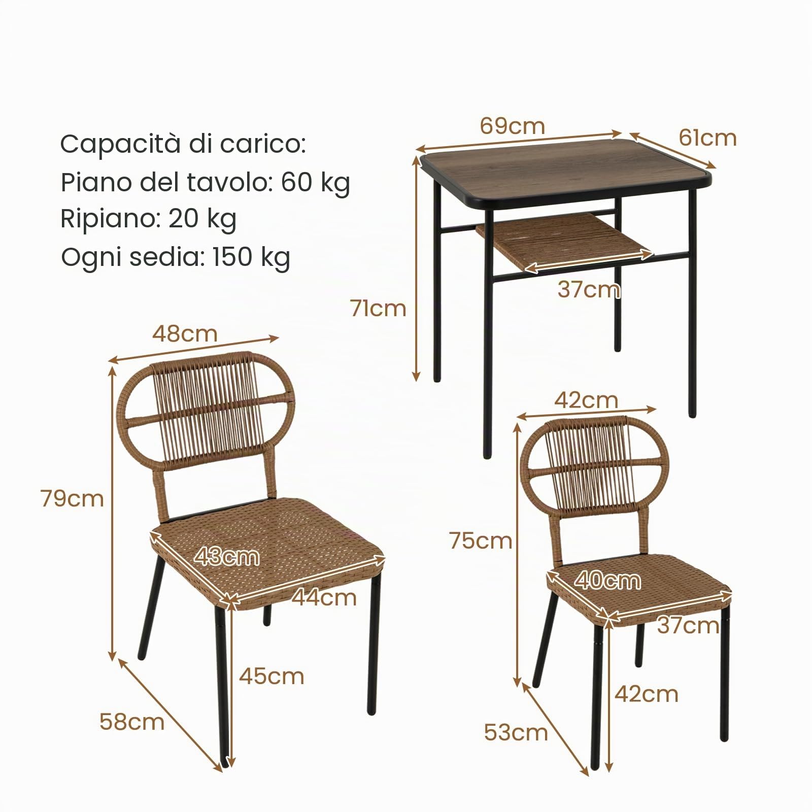 LIFEZEAL Set di mobili da giardino in polyrattan con 2 sedie per giardino, tavolo da giardino con mensola, set di mobili da giardino 3 pezzi per terrazza, patio, piscina