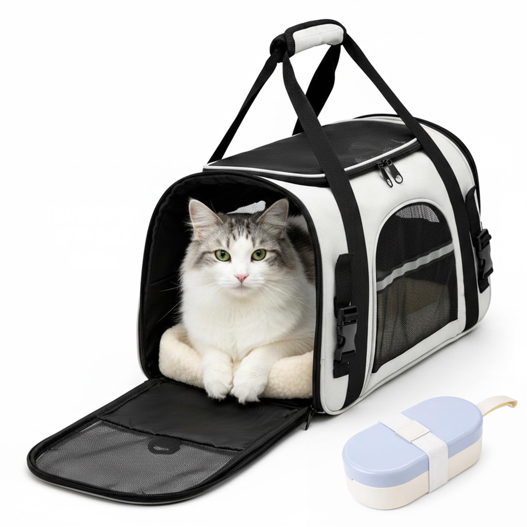 Transportín para Gato Apto para Avión – Bolsa Blanda y Plegable hasta 8 kg con Asa y Correa – Ideal para Viajes y Coche. Incluye Botella Agua Perro 2 en 1