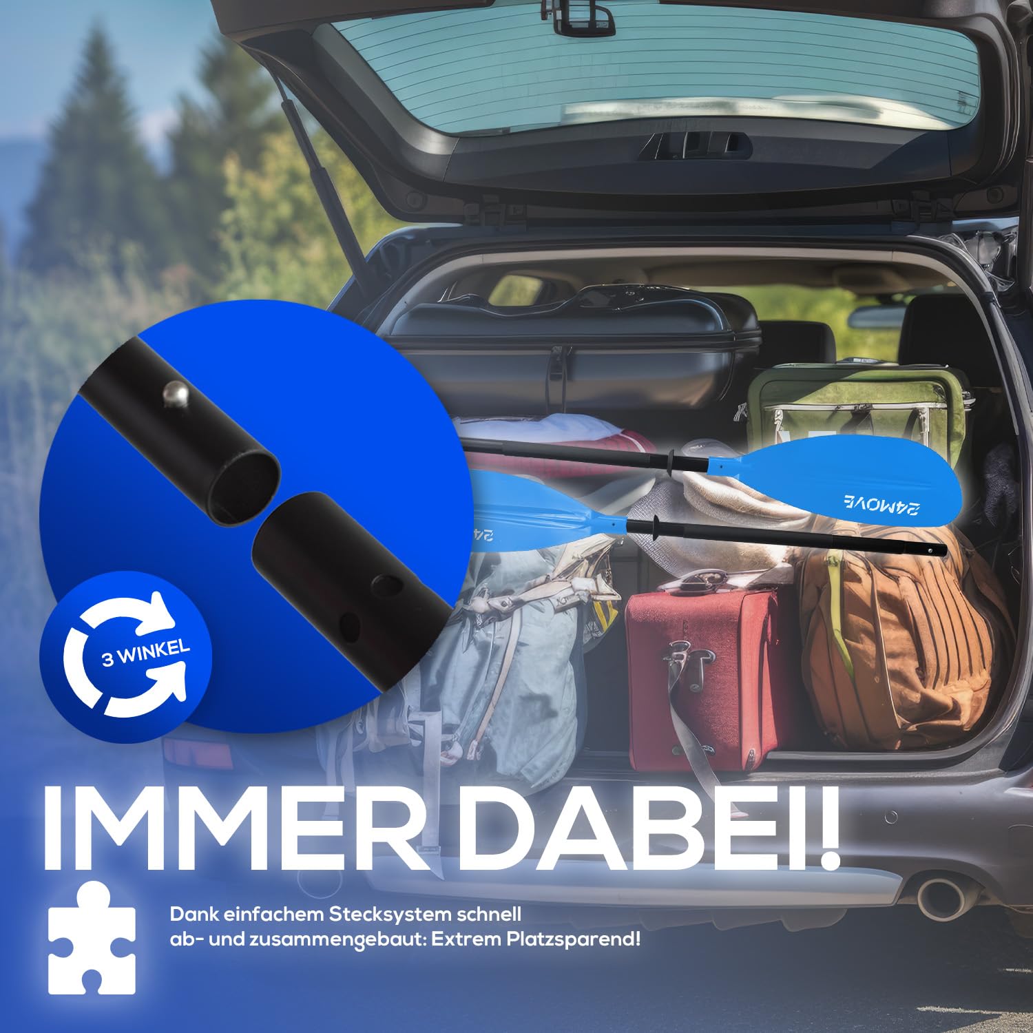 24MOVE® Doppelpaddel LAGO Paddel 220cm Kanupaddel Aluminium, Stand-Up Paddling, Paddel für Kajak, Schlauchboot, verstellbar