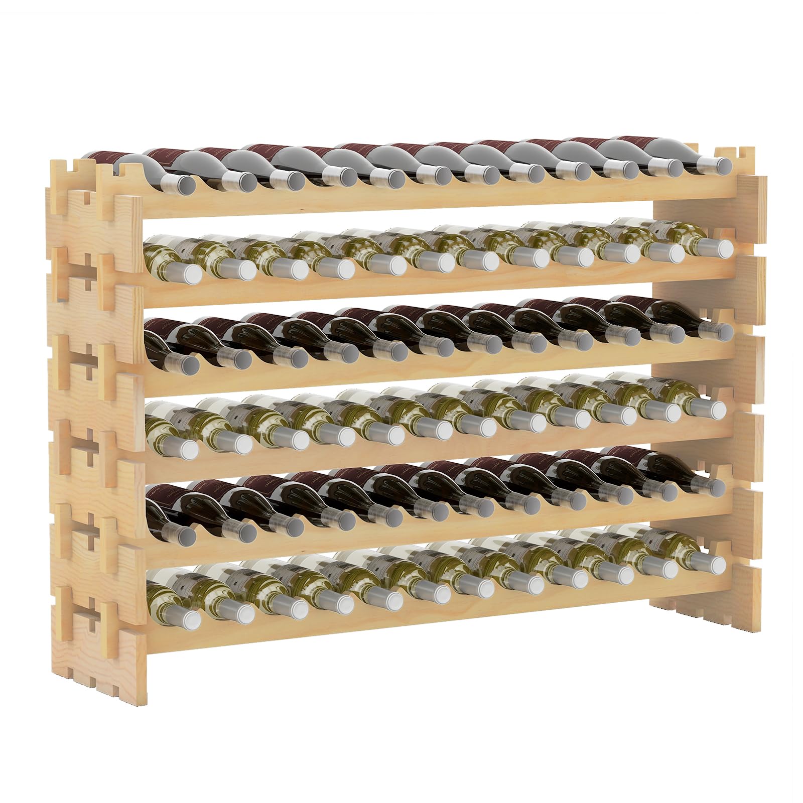TANGZON 6/9-Tier Wooden Wine Rack, 60/72/108 Bottles Stackable Wine Holder, Free Standing Wine Bottle Display Storage Organizer for Home, Kitchen and Bar (72 Bottle, 120 x 29 x 79cm)