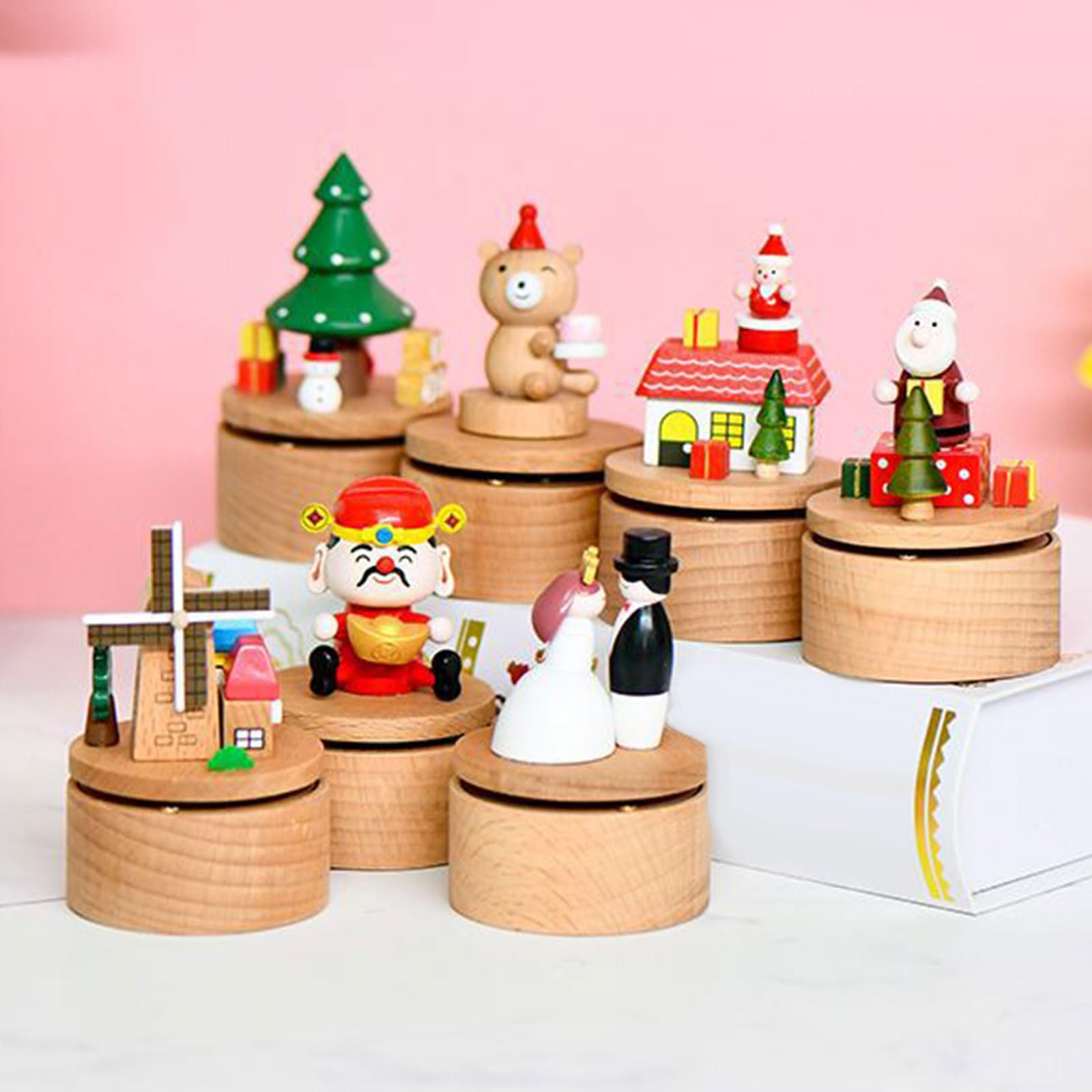 Carillon rotante in legno fatto a mano decorazione natalizia albero di Natale Babbo Natale tema con melodie