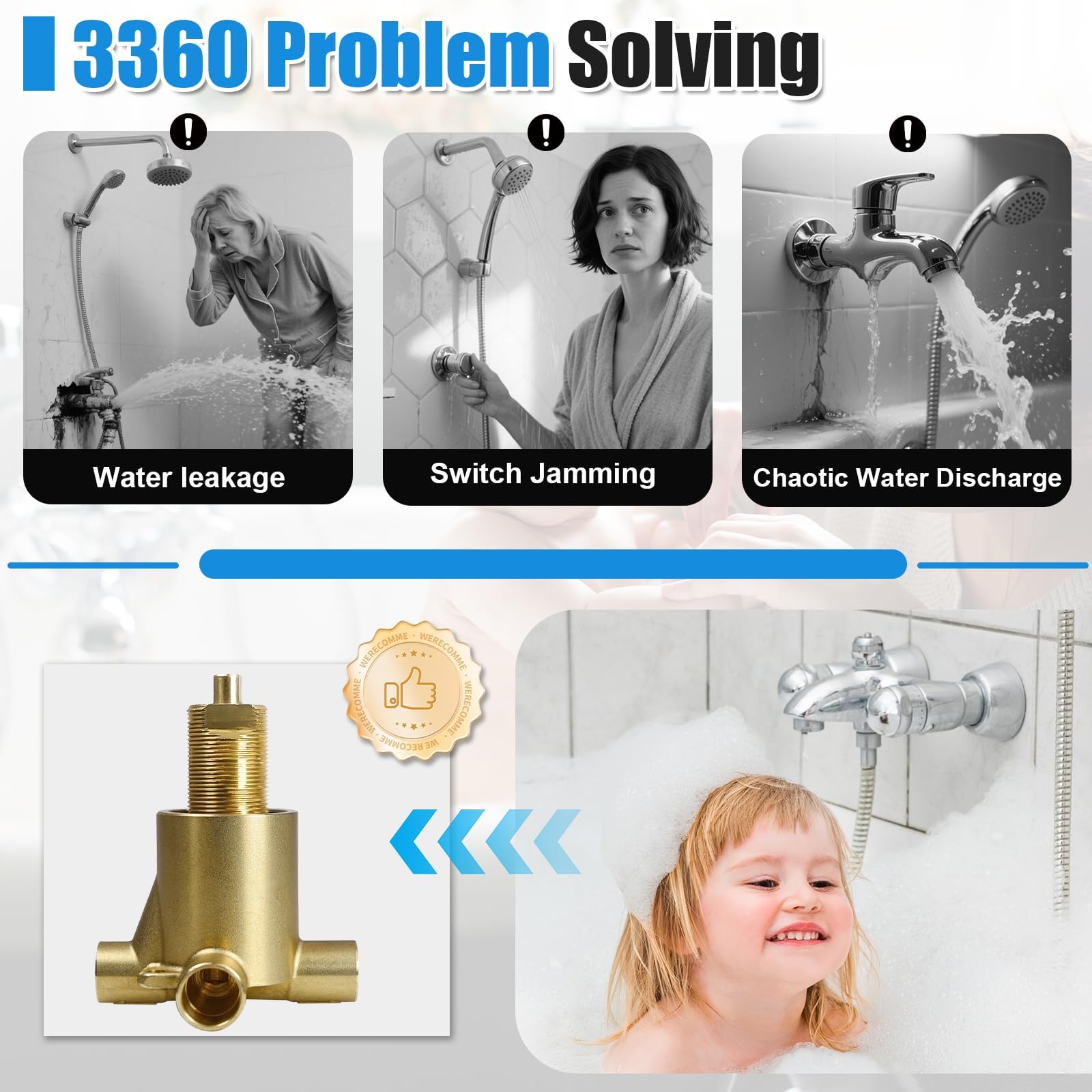Válvula de cambio de ducha 3 funciones latón 1/2 pulgadas para bañera | Cabezal de ducha de mano y bañera, latón macizo, fácil intercambio, compatible con 3360