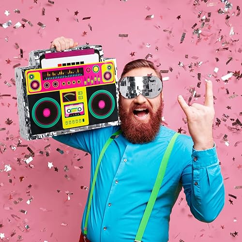 Miniatura 9 de Waenerec Piñata Boombox con palillo de piñata y lazo para colgar, estilo retro de los años 90, hip hop, juego de piñata mexicana para fiesta de
