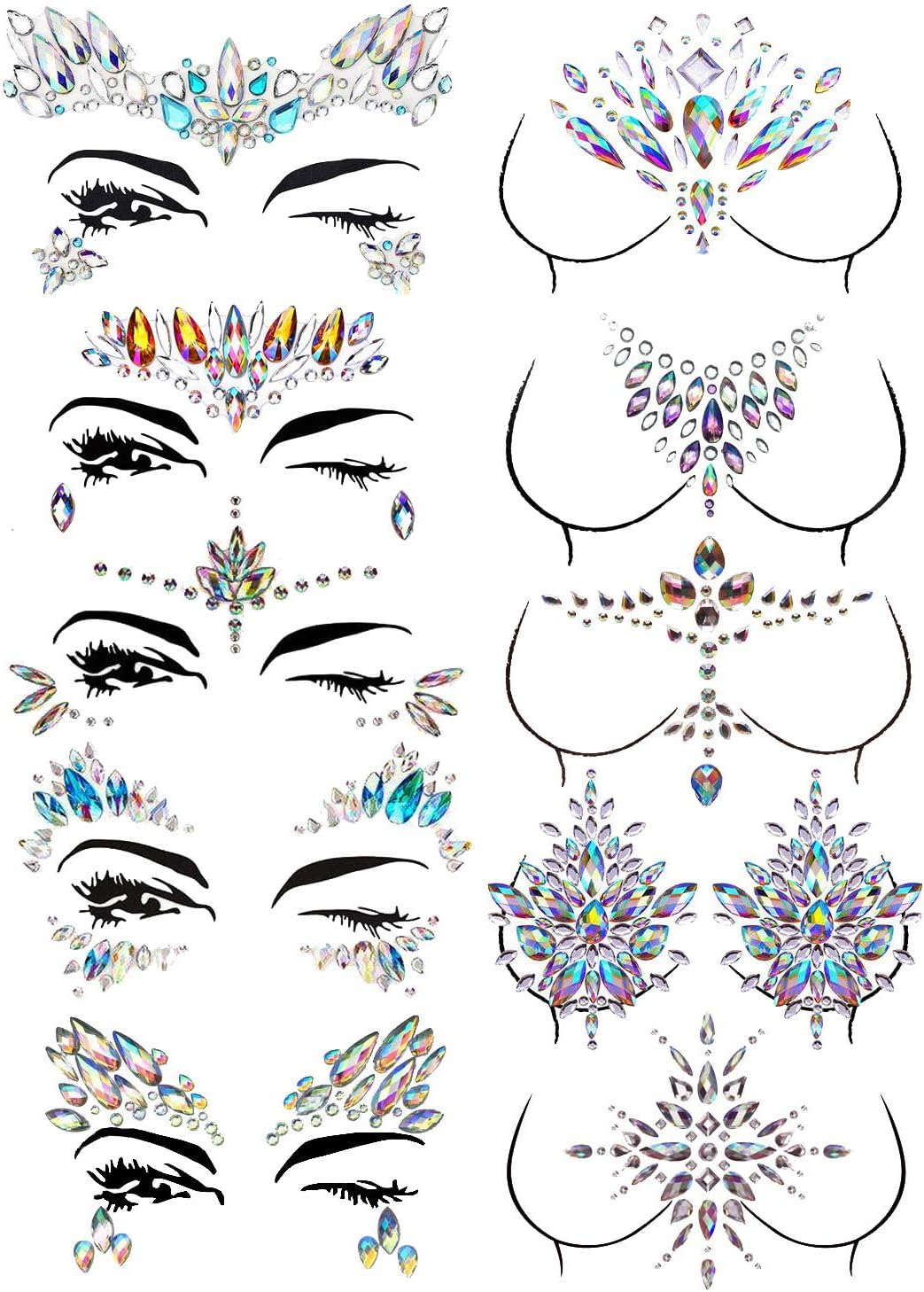 10 sets Face Gems Stickers Body Jewelry Stickers Crystal Tattoo Stickers for Festival Rhinestone Decorations Tattoo Stickers Pink