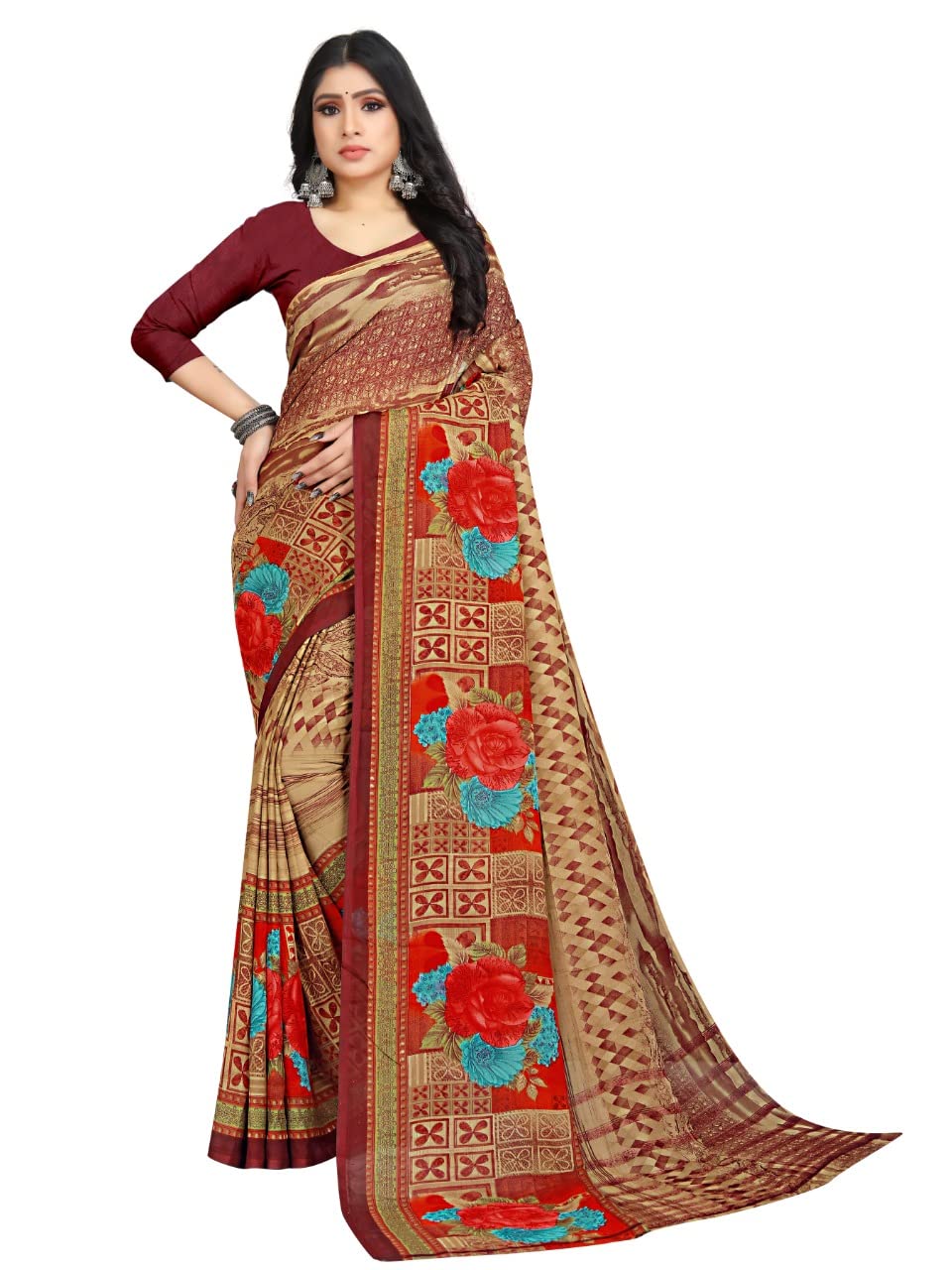 Texture India Women's Georgette Designer Printed Saree With Unstitched Boluse Piece