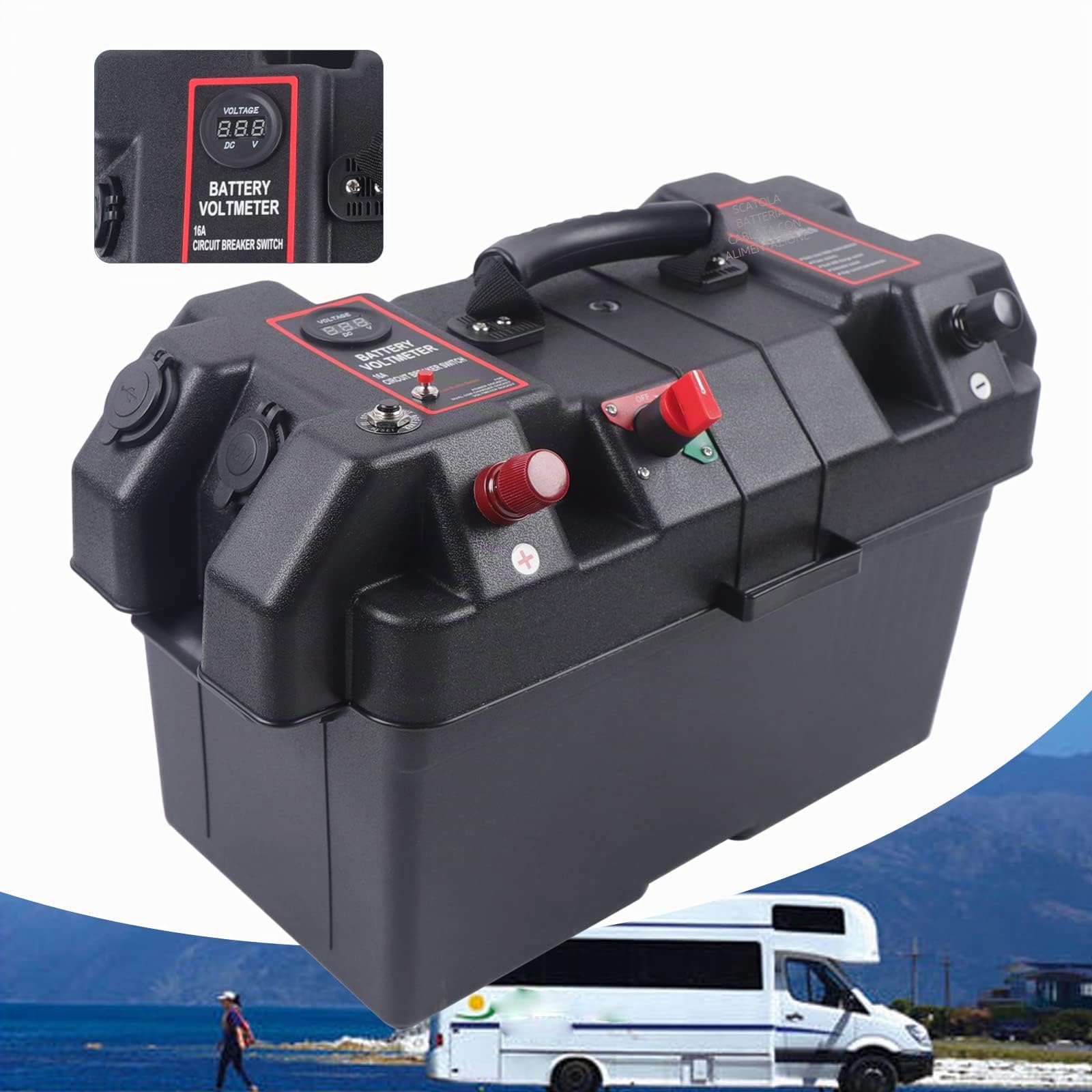Scatola di stoccaggio batteria ricaricabile con doppia porta USB, monitoraggio in tempo reale, per barca marina camper campeggio viaggio batteria acido piombo AGM litio LiFePO4 (non inclusa) nero