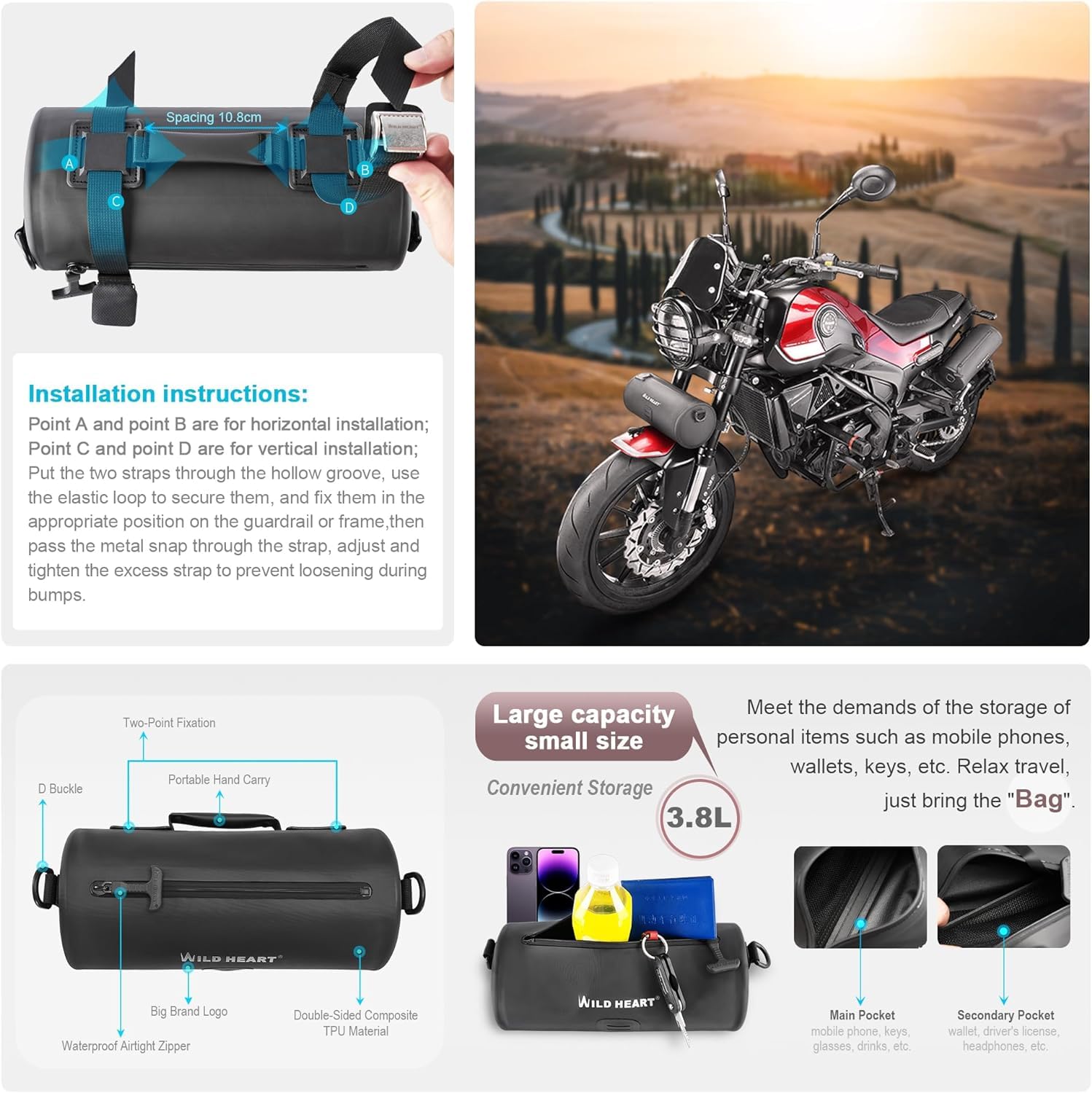 WILD HEART Borsa da Manubrio per Moto Borsa Impermeabile da Forcella per Moto Dirt Bike Borsa da Manubrio Borsa Anteriore Universale per Bicicletta Piccola Borsa per Attrezzi (Nero)