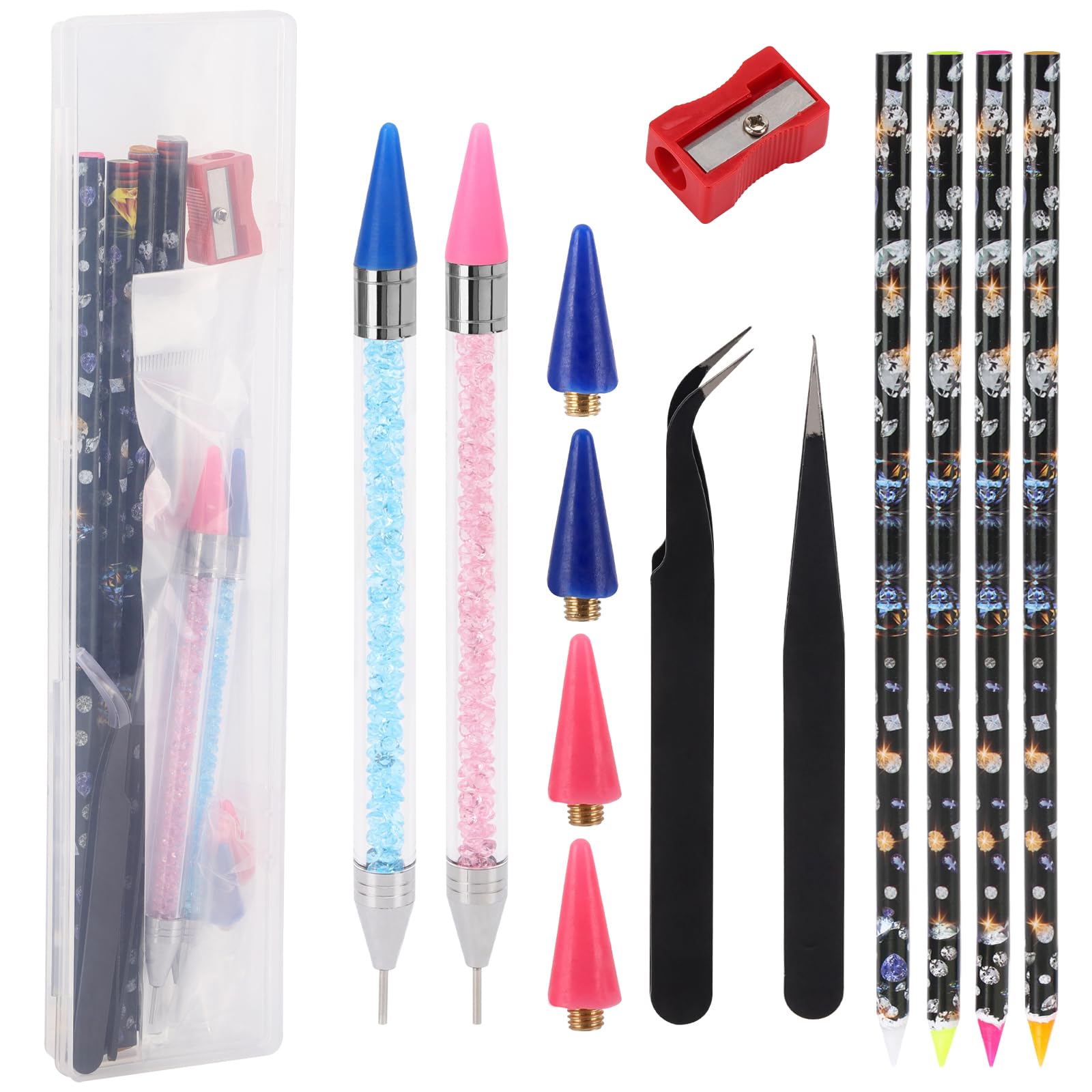 Ohlove 6Pcs Rhinestone Picker Tools Self Adhesive Wax Pencil with 2Pcs Extra Wax Tips, 2Pcs Tweezers and Pencil Sharpener for DIY Nail Art