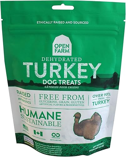 Open Farm Golosinas deshidratadas para perros sin granos de pavo, receta de pavo suavemente cocida con ingredientes simples naturales y sin sabores
