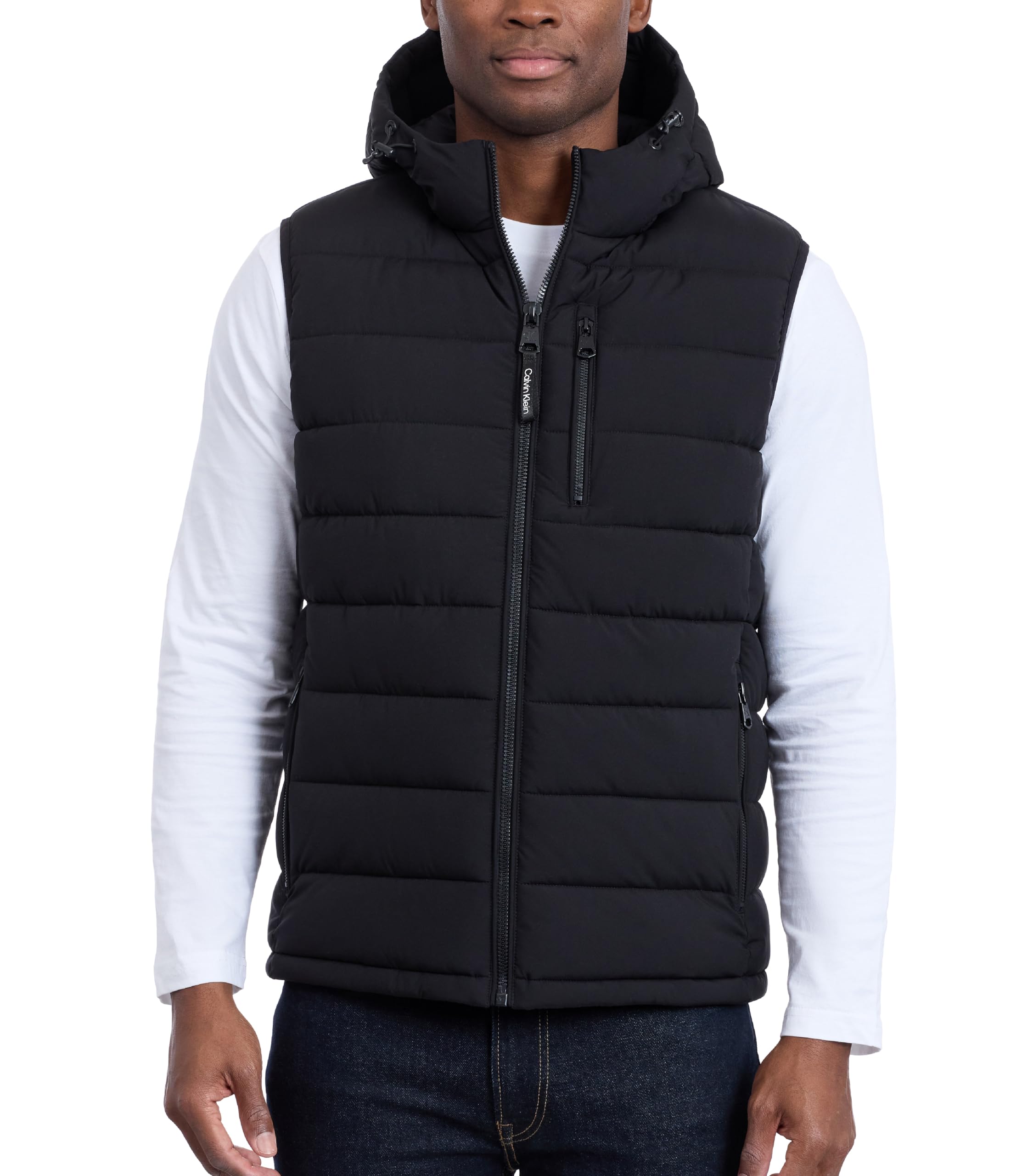 Calvin Klein Men's Lightweight Packable Hooded Puffer Vest Jacket, Ebony, L