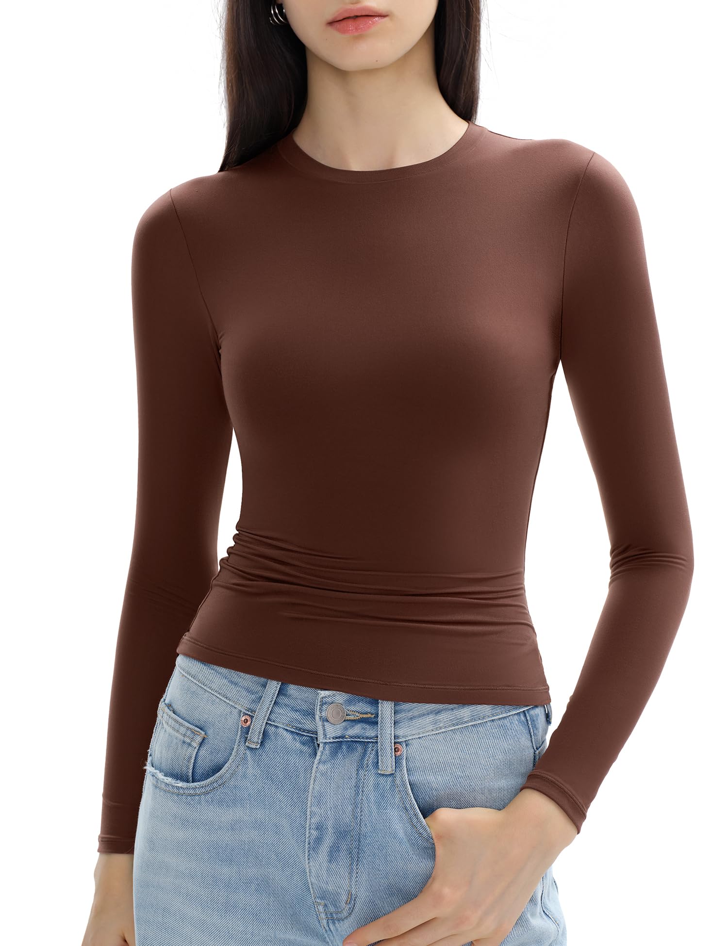 C202 Long Sleeve Shirts for Women Trendy Crew Neck Tight Slim Fit Cute Going Out Tops Basic Tee, Cocoa Small