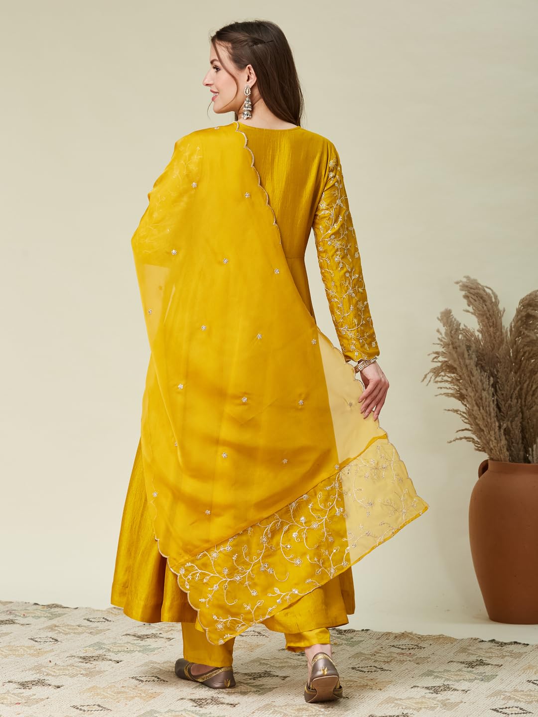 MOKOSH Women's Embroidered Mustard Anarkali and Pant with Dupatta Set-471-02-L - Image 2 thumbnail