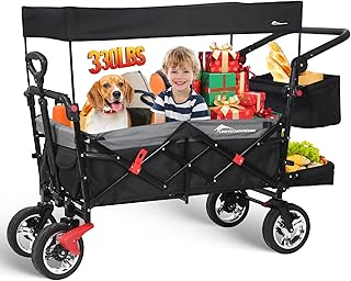 Wagon Cart with Removable Canopy,Collapsible Foldable Wagon, Heavy Duty Utility Outdoor Foldable Garden Cart with Wheels, Adjustable Handle, Outdoor Utility Wagon, Black