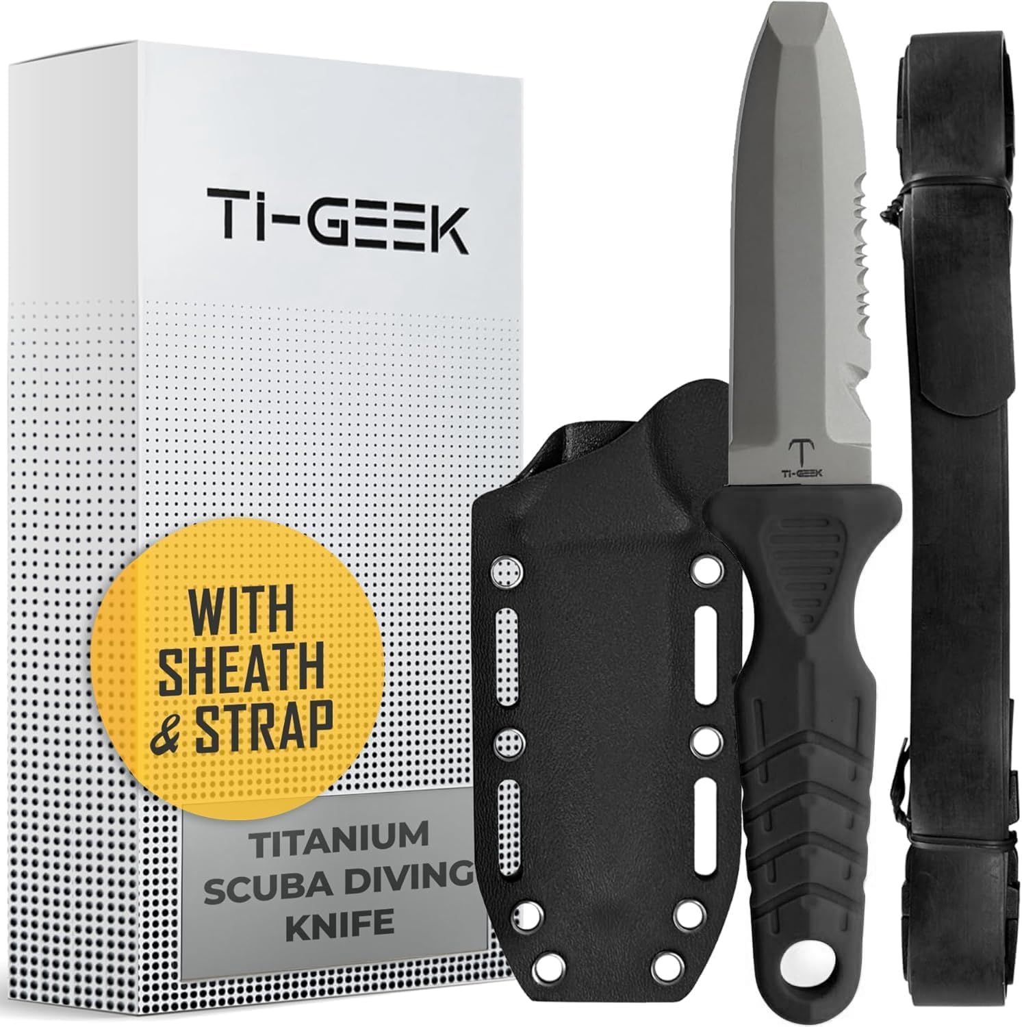 Titanium Survival Scuba Diving Knife Fixed Blade Dive Knife with Sheath & Straps - Holster on Divers BCD, Thigh/Leg, GC Belt Buckle or Wrist, Cutting, Serrated Edge & Line Cutter