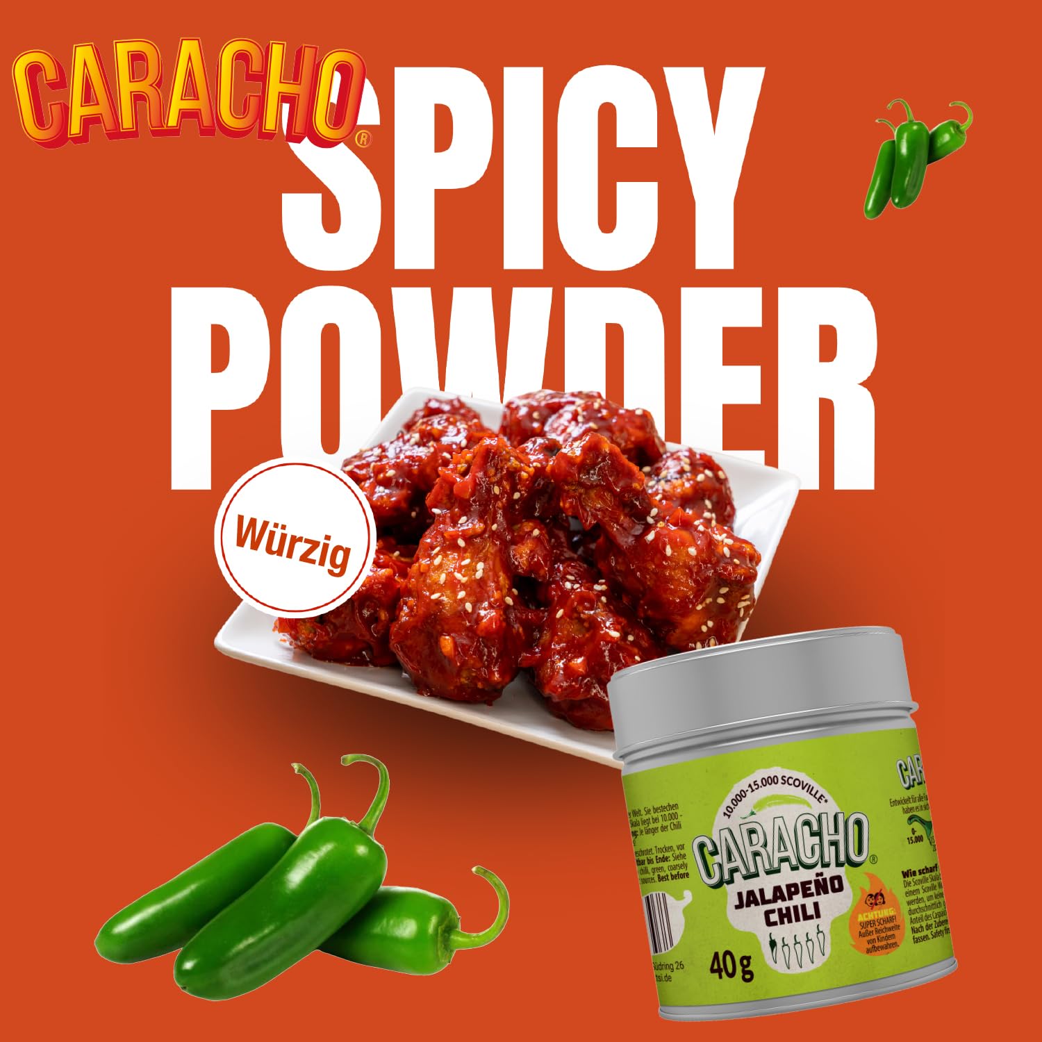 CARACHO 40 g Chile verde jalapeño chatarrado/molido - Premium 100% picante chile en lata de especias de metal/Scoville: 15.000