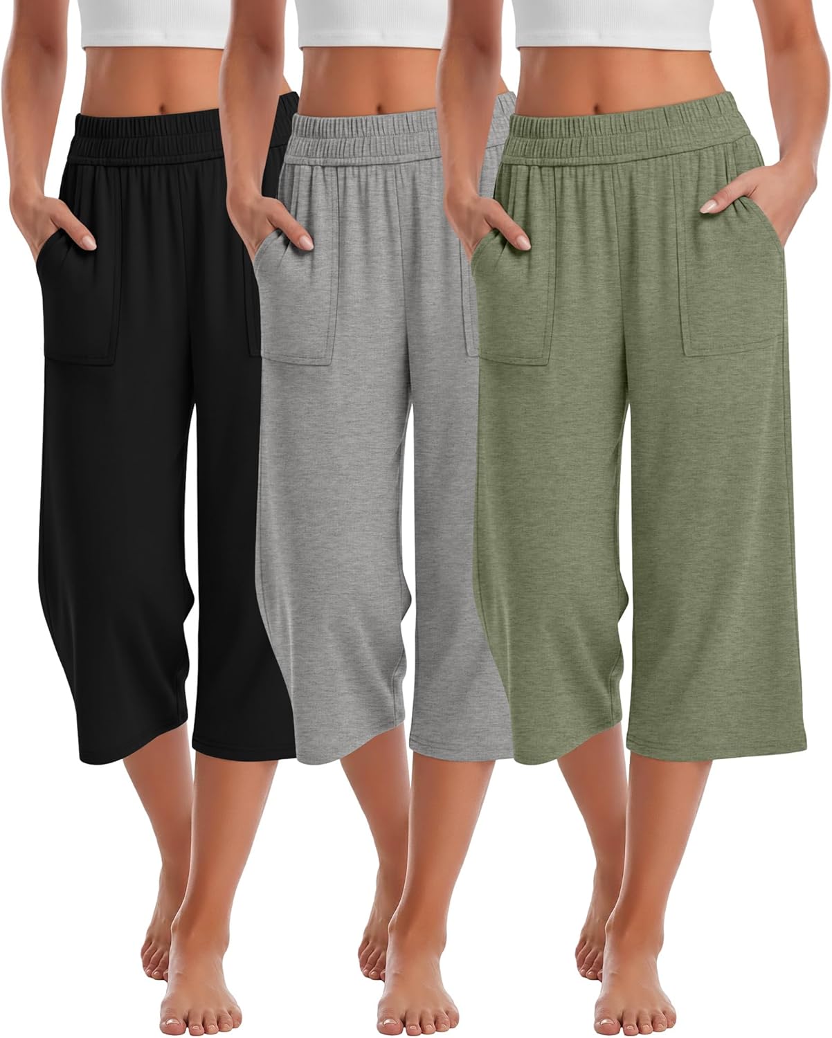 Neer 3 Pack Women's Capris Cotton Capri Sweatpants Cozy Wide Leg Casual Loose Cropped Lounge Jogger Yoga Pant with Pockets