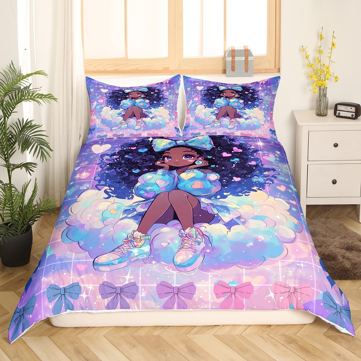Cute Girl American Duvet Cover Twin for Kids Girls Teens,Watercolor Starry Sky 2 Pieces Duvet Cover,Cute Bowknots Princess Style Soft Comforter Cover (Not Comforter),Romantic Purple Quilt Cover