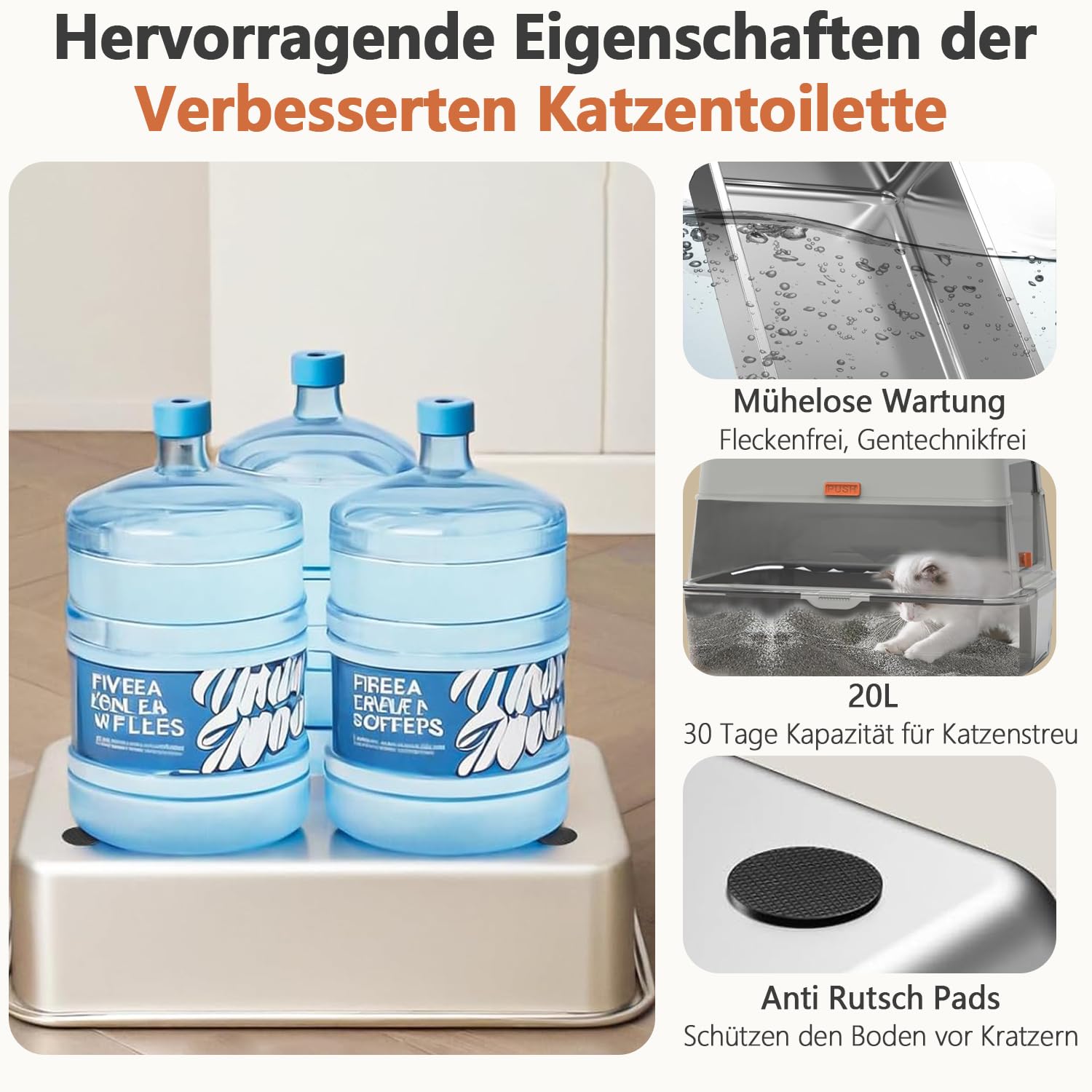 Katzentoilette aus Edelstahl mit Deckel, XXL Groß Katzentoilette Glatte Oberfläche Geschlossenes Design Hohen Wandkanten, Antihaftbeschichtet Auslaufsicher und Leicht zu Reinigen, 60 x 40 x 39CM