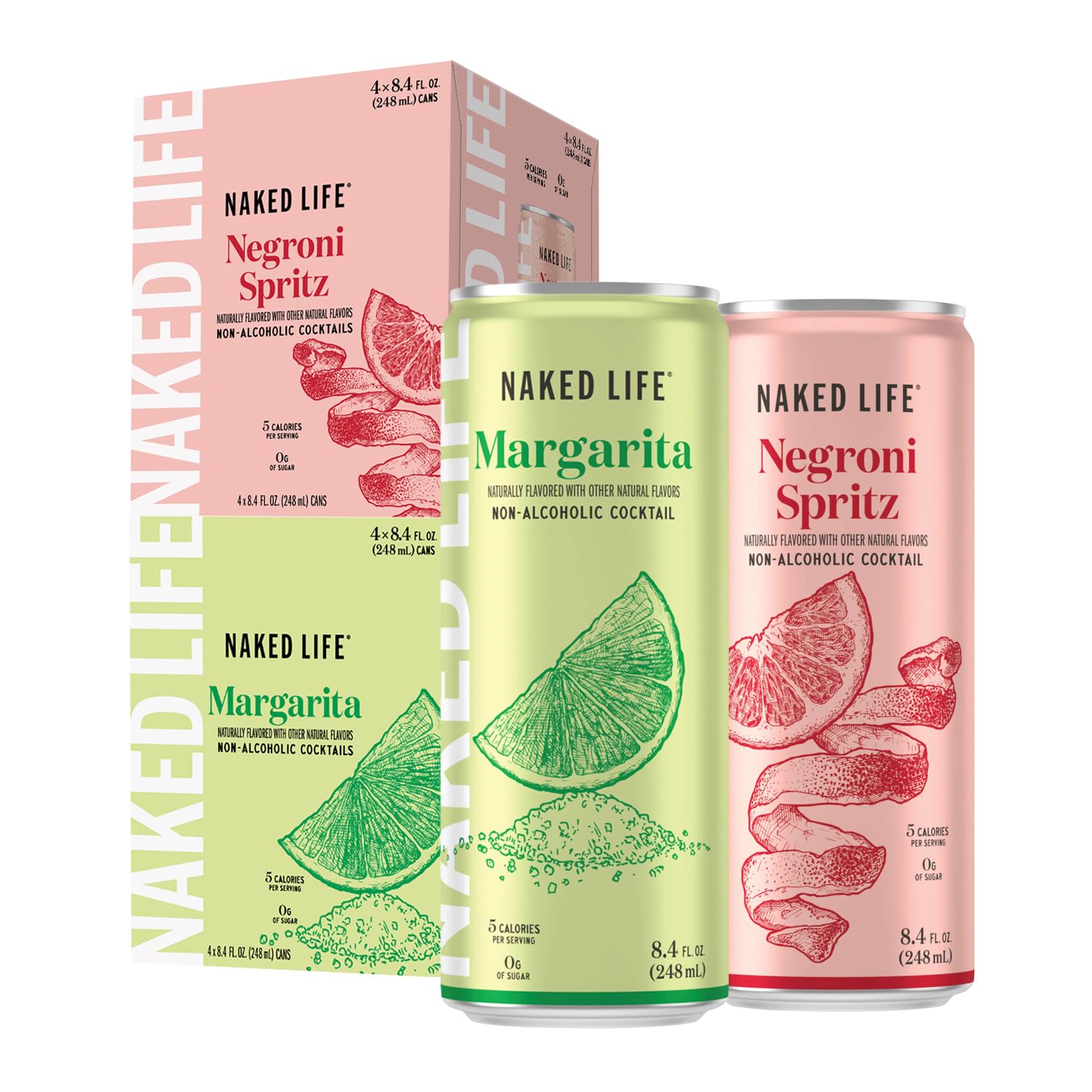 Naked Life Non-Alcoholic Drinks, Margarita 8.4 Fl Oz Cans, Pack Of 4 + Negroni Spritz 8.4 Fl Oz Cans, Pack Of 4