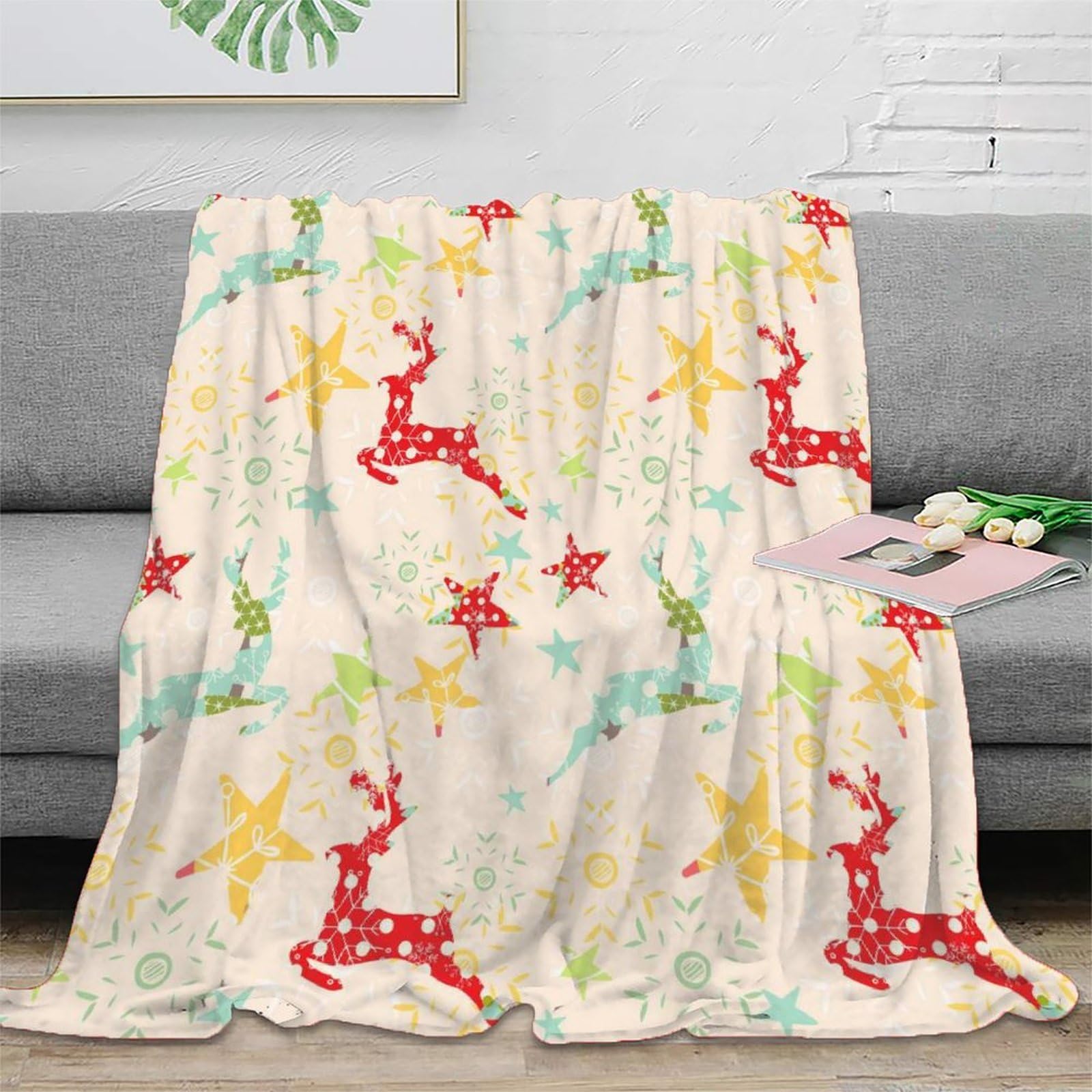 Manta de Reno Navideño 3D Impresa Microfibra Decoración Hogar Manta Navideña Suave Cálida Sofá Dormitorio Adultos Jóvenes 80x90inch(200x230cm)