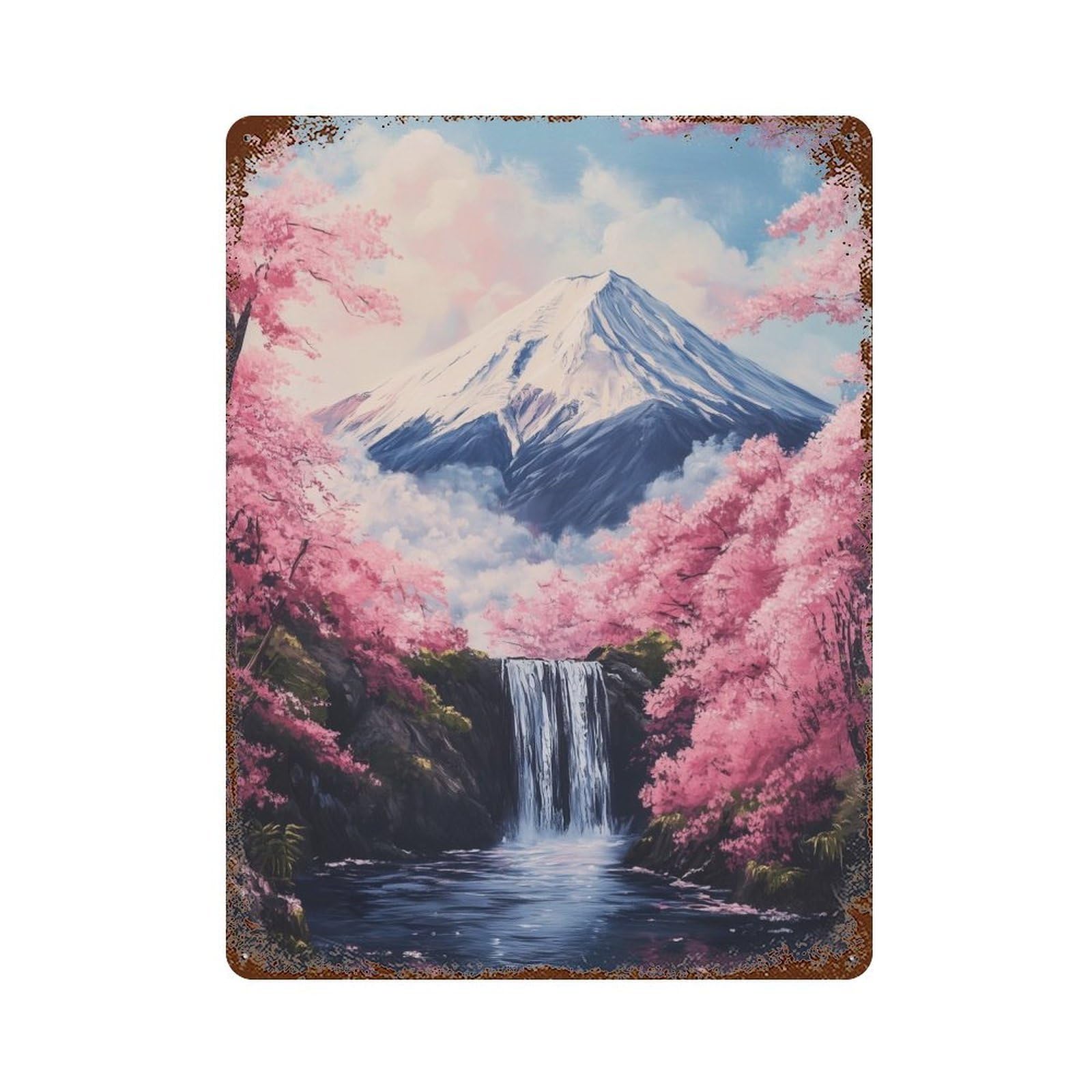 Mountain Fuji Waterfall Sakura Rusty Metal Tin Sign 15.7"x11.8", for Patio, Garden Room And Bar Decor, Old School Wall Decor