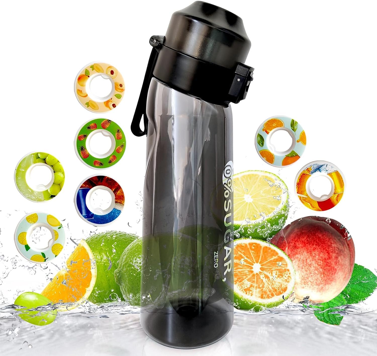 KOWBLAZEAir Water Bottle Sports BPA Free,650ml Starter Set Drinking Bottles with Fruit Flavour Pod Scented For Flavouring 0 Sugar, 0 Calorie (1 Pod) (Black)