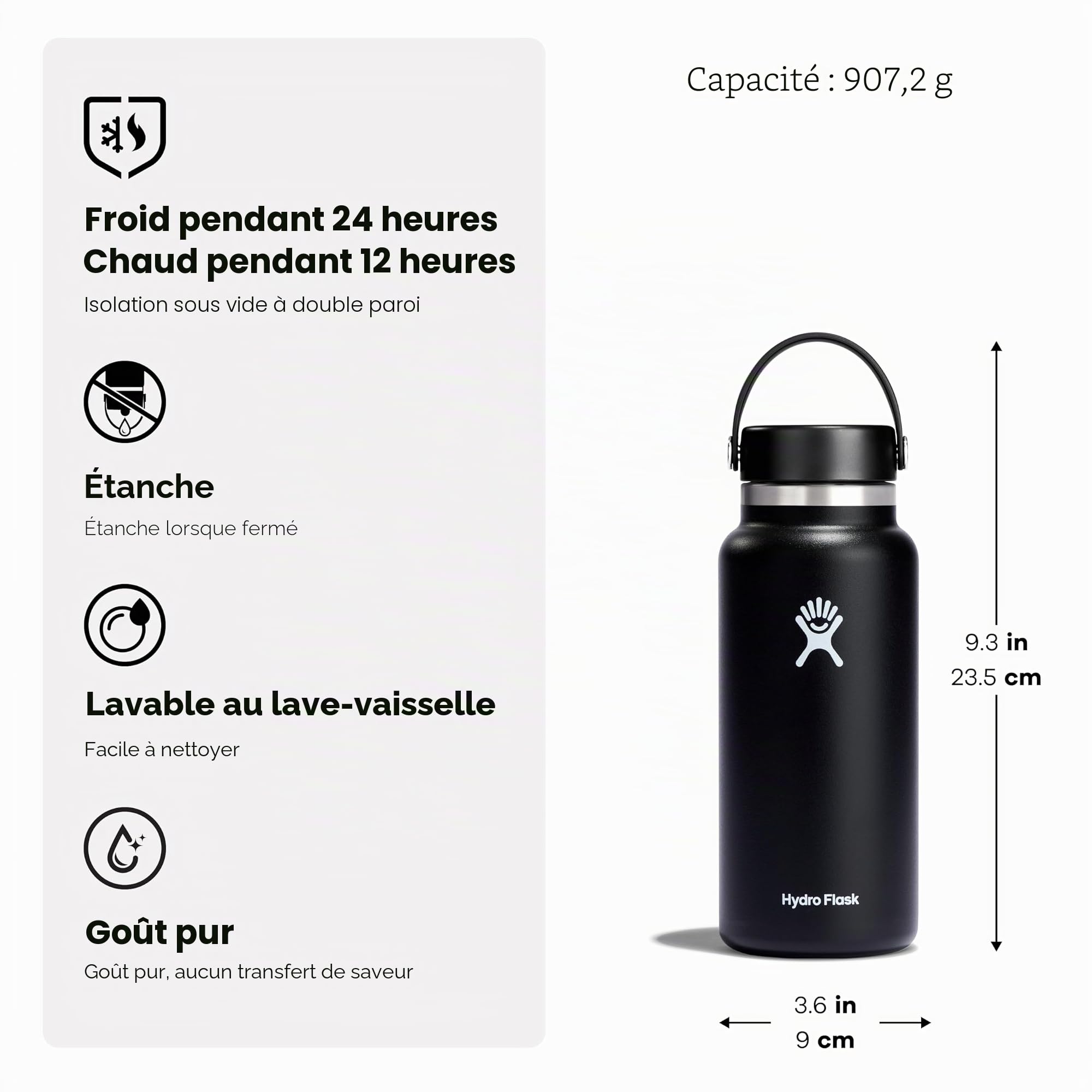 HYDRO FLASK - Gourde Isotherme 946 ml (32 oz) - Bouteille Inox à Isolation Sous Vide - Bouchon Antifuite et Revêtement par Poudre - Ouverture Large - Stone