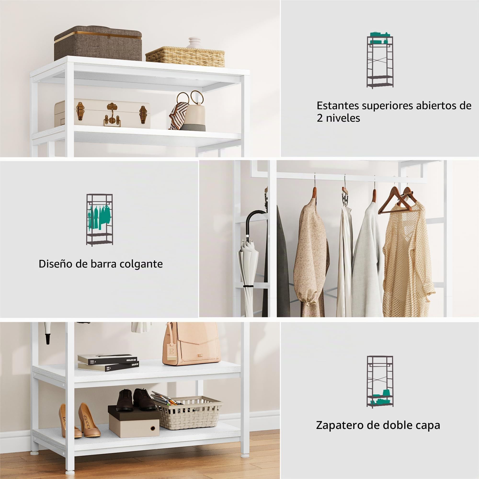 YITAHOME Perchero de Pie con Zapatero, Árbol de Pasillo con 4 Estantes, Barra Industrial para Ropa, Estantería para Guardar Ropa para entrada pasillo sala de estar, Blanco