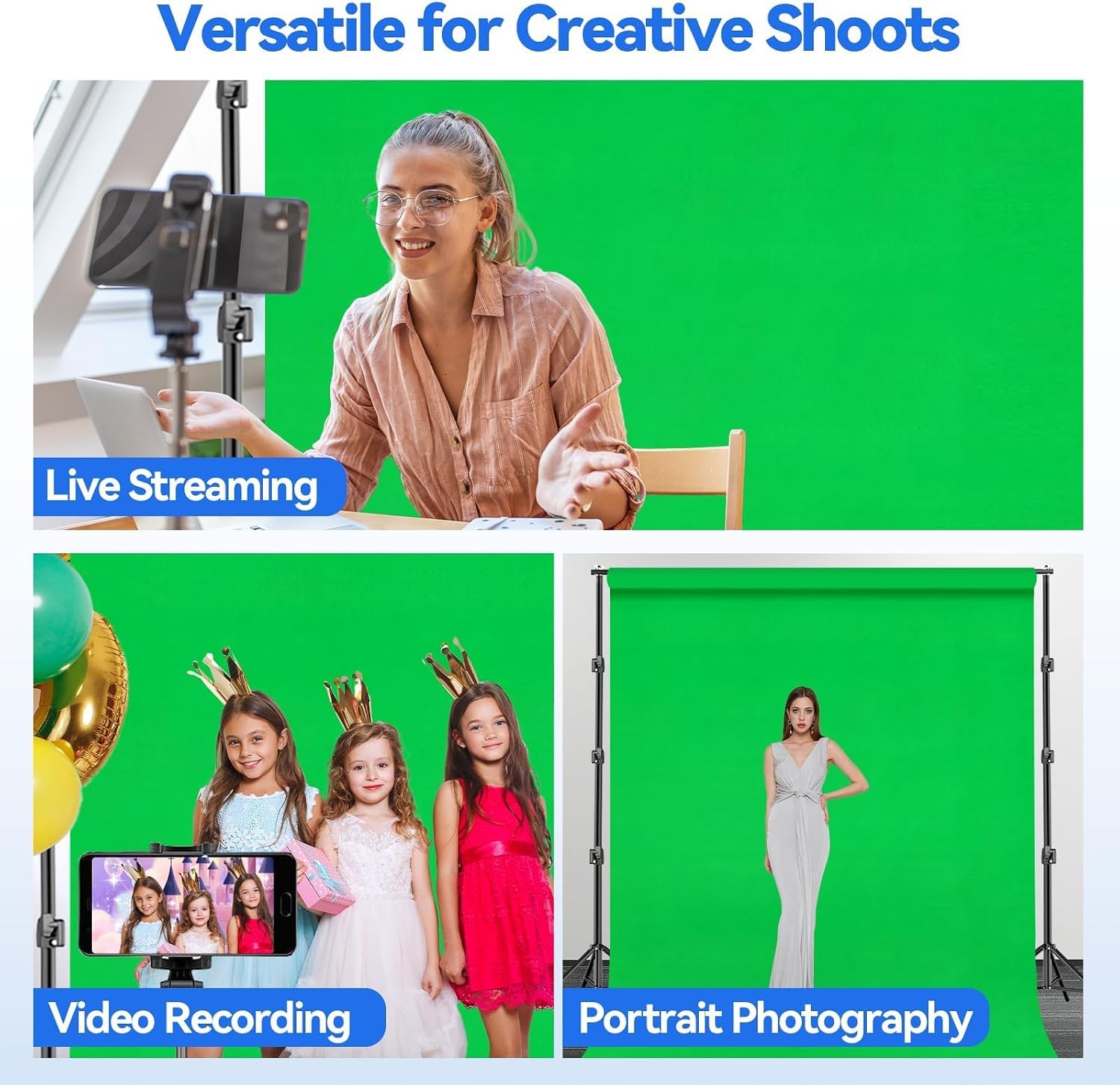 EMART Kit di sfondo per studio fotografico e video da 3 x 3 m, con supporto per schermo verde, sistema di supporto per sfondo fotografico con tenda Chromakey in mussola da 3 x 4,6 m, per riprese