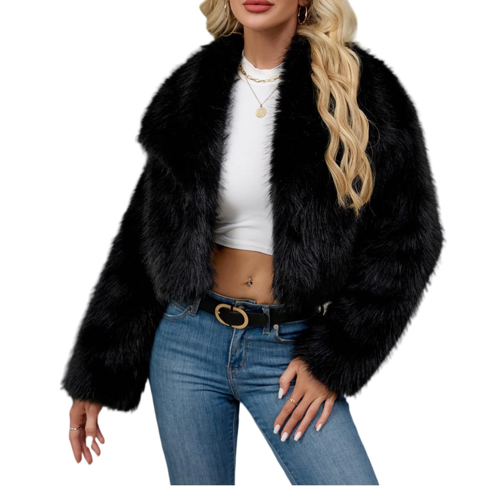 Generisch Damen Kunstpelz Mantel Kurzer Felljacke Faux Pelz Winterjacke Kunstfell Einfarbig Dicker Parka Wintermantel Übergangsjacke