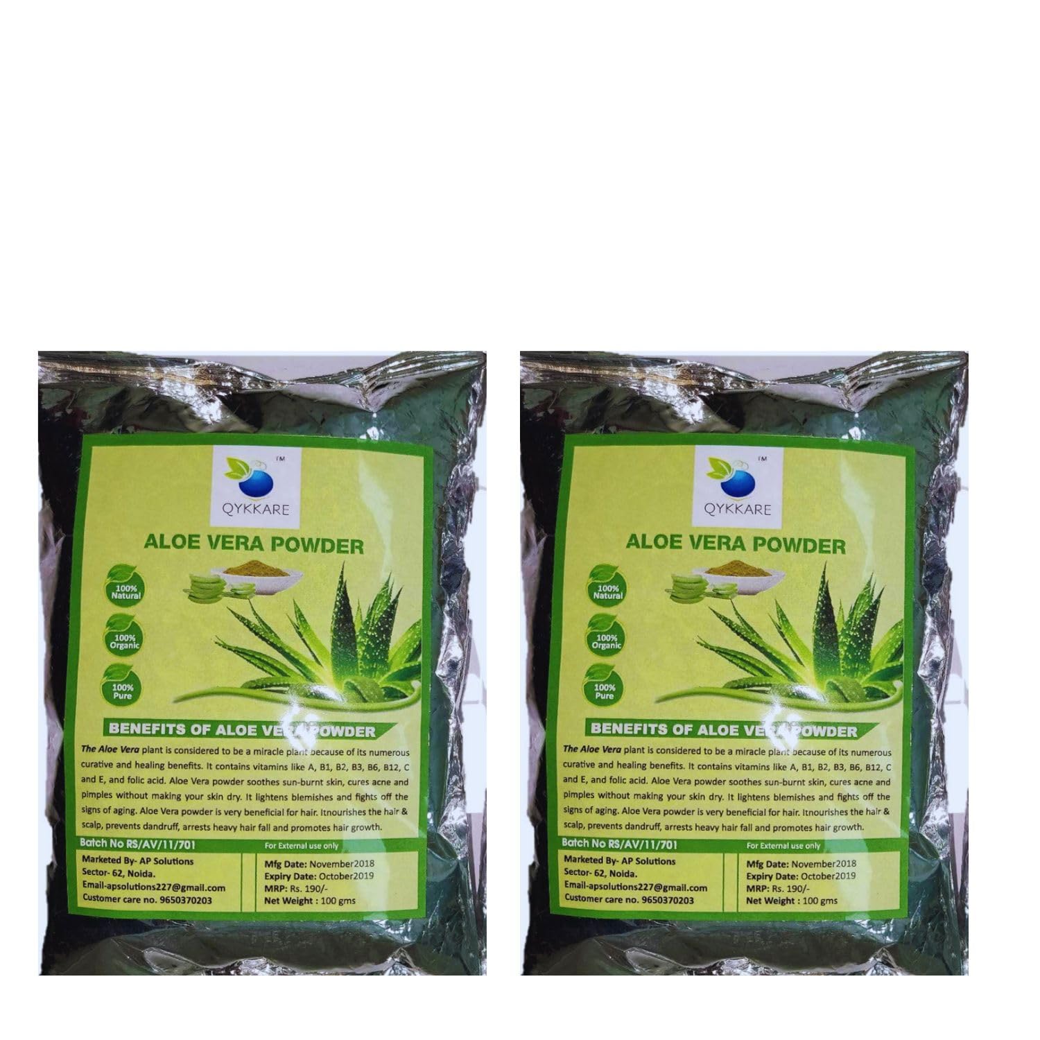 QYKKARE Premium Aloe Vera Powder for Face Skin and Hair Pack of 2 (200 gm), Aloe Barbadensis