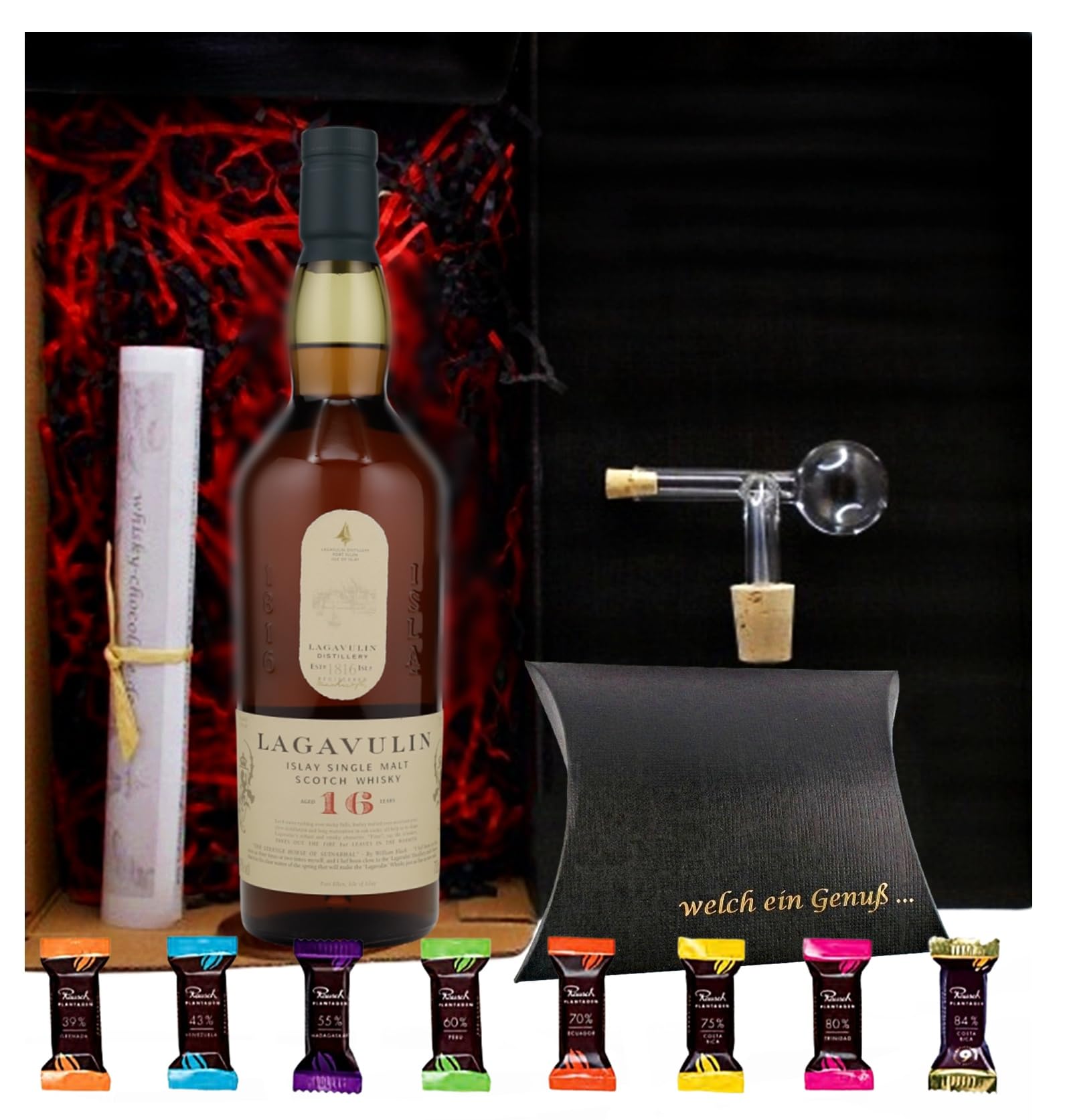 H-BO Scotch Whisky Lagavulin 16 Jahre & Portionierer & Schokolade Geschenk